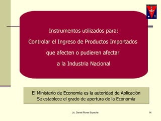 Lic. Daniel Flores Espeche El Ministerio de Economía es la autoridad de Aplicación Se establece el grado de apertura de la Economía Instrumentos utilizados para: Controlar el Ingreso de Productos Importados  que afecten o pudieren afectar  a la Industria Nacional 