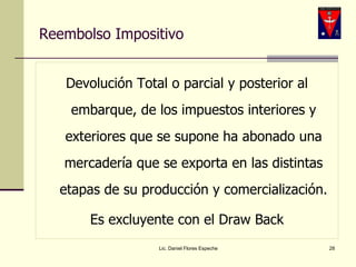 Reembolso Impositivo Devolución Total o parcial y posterior al embarque, de los impuestos interiores y exteriores que se supone ha abonado una mercadería que se exporta en las distintas etapas de su producción y comercialización. Es excluyente con el Draw Back Lic. Daniel Flores Espeche 