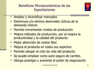 Beneficios Microeconómicos de las Exportaciones Ampliar y diversificar mercados Disminuye y/o elimina desniveles cíclicos de la demanda interna Permite incrementar niveles de producción Mejora métodos de producción, por al mejora la productividad y la calidad del producto. Mejor absorción de costos fijos Mejora el producto en todos sus aspectos Permite alargar el ciclo de vida del producto. Se puede emplear como auto seguro de cambio. Otorga prestigio y aumenta el poder de negociación Lic. Daniel Flores Espeche 