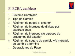 El BCRA establece Sistema Cambiario Tipo de Cambio Régimen de pagos al exterior Régimen de Ingresos de divisas por exportaciones Régimen de ingresos y/o egresos de prestamos del exterior Régimen de seguro de cambio y/o mercado de cambio a término Operaciones de Pase Lic. Daniel Flores Espeche 