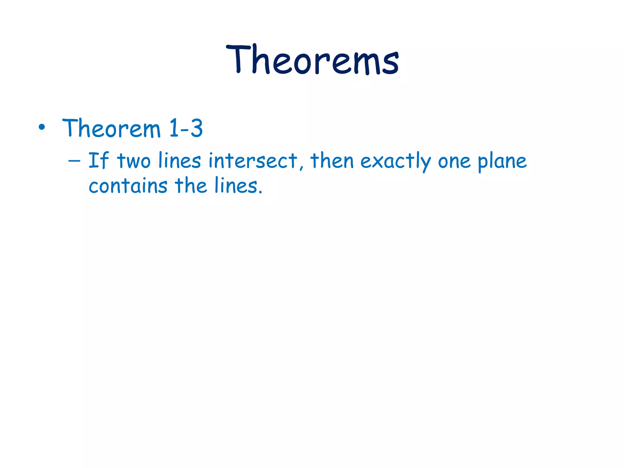 Theorems Theorem 1-3 If two lines intersect, then exactly one plane contains the lines.