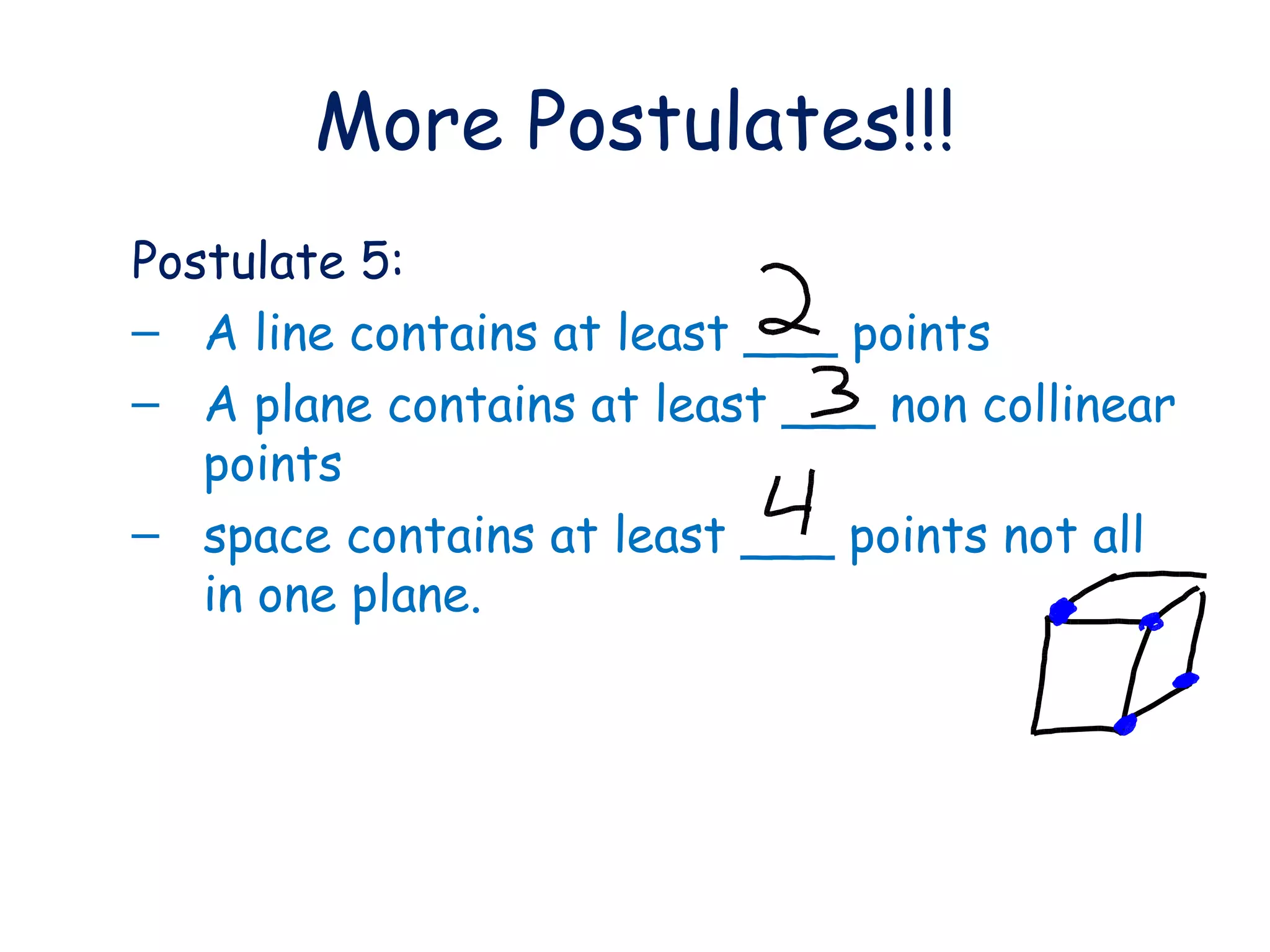 More Postulates!!! Postulate 5: A line contains at least ___ points A plane contains at least ___ non collinear points space contains at least ___ points not all in one plane.