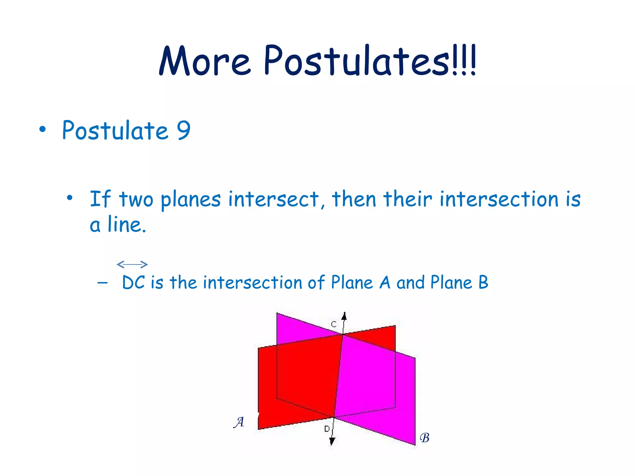 More Postulates!!! Postulate 9 If two planes intersect, then their intersection is a line. DC is the intersection of Plane A and Plane B A B