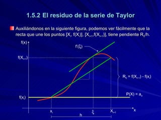 1.5.2 El residuo de la serie de Taylor Auxiliándonos en la siguiente figura, podemos ver fácilmente que la recta que une los puntos [X i , f(X i )], [X i+1 ,f(X i+1 )], tiene pendiente R 0 /h. f(x) x x i X i+1 f(x i ) f(X i+1 )  f’(  ) h R 0  = f(X i+1 ) - f(x i ) P(X) = a o 