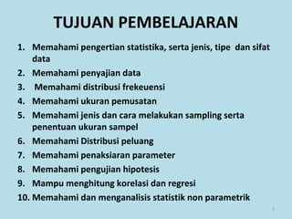 TUJUAN PEMBELAJARAN
1. Memahami pengertian statistika, serta jenis, tipe dan sifat
data
2. Memahami penyajian data
3. Memahami distribusi frekeuensi
4. Memahami ukuran pemusatan
5. Memahami jenis dan cara melakukan sampling serta
penentuan ukuran sampel
6. Memahami Distribusi peluang
7. Memahami penaksiaran parameter
8. Memahami pengujian hipotesis
9. Mampu menghitung korelasi dan regresi
10. Memahami dan menganalisis statistik non parametrik
2
 