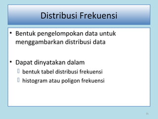 35
Distribusi Frekuensi
• Bentuk pengelompokan data untuk
menggambarkan distribusi data
• Dapat dinyatakan dalam
 bentuk tabel distribusi frekuensi
 histogram atau poligon frekuensi
 