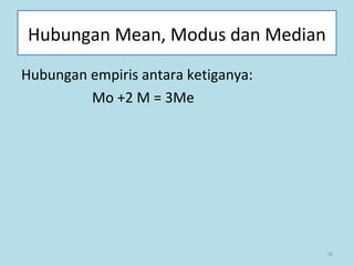 76
Hubungan Mean, Modus dan Median
Hubungan empiris antara ketiganya:
Mo +2 M = 3Me
 