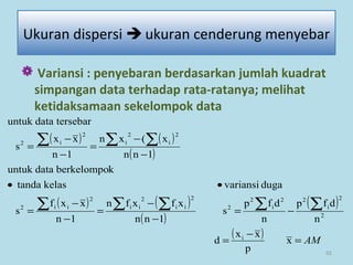  Variansi : penyebaran berdasarkan jumlah kuadrat
simpangan data terhadap rata-ratanya; melihat
ketidaksamaan sekelompok data
92
Ukuran dispersi  ukuran cenderung menyebar
( ) ( )
( )
( ) ( )
( )
( )
( ) AM=
−
=
−=
−
−
=
−
−
=
••
−
−
=
−
−
=
∑∑∑ ∑∑
∑ ∑∑
x
p
xx
d
n
dfp
n
dfp
s
1nn
xfxfn
1n
xxf
s
dugavariansikelastanda
kberkelompodatauntuk
1nn
x(xn
1n
xx
s
tersebardatauntuk
i
2
2
i
22
i
2
2
2
ii
2
ii
2
ii2
2
i
2
i
2
i2
 