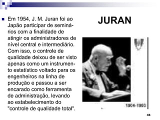 46
JURAN
 Em 1954, J. M. Juran foi ao
Japão participar de seminá-
rios com a finalidade de
atingir os administradores de
nível central e intermediário.
Com isso, o controle de
qualidade deixou de ser visto
apenas como um instrumen-
to estatístico voltado para os
engenheiros na linha de
produção e passou a ser
encarado como ferramenta
de administração, levando
ao estabelecimento do
"controle de qualidade total".
 