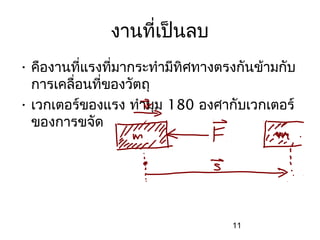 งานที่เป็นลบ
• คืองานที่แรงที่มากระทำามีทิศทางตรงกันข้ามกับ
  การเคลื่อนที่ของวัตถุ
• เวกเตอร์ของแรง ทำามุม 180 องศากับเวกเตอร์
  ของการขจัด




                                   11
 