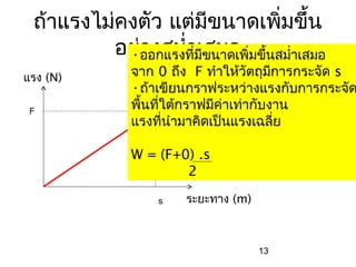 ถ้าแรงไม่คงตัว แต่มีขนาดเพิ่มขึ้น
          อย่ออกแรงที่มขนาดเพิ่มขึ้นสมำ่าเสมอ
           •างสมำ่าเสมอี
แรง (N)        จาก 0 ถึง F ทำาให้วัตถุมการกระจัด s
                                          ี
               •ถ้าเขียนกราฟระหว่างแรงกับการกระจัด
 F
               พื้นที่ใต้กราฟมีค่าเท่ากับงาน
               แรงที่นำามาคิดเป็นแรงเฉลี่ย

               W = (F+0) .s
                       2

                   s    ระยะทาง (m)



                                      13
 