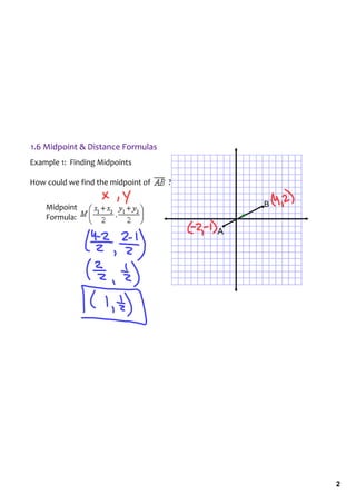 1.6 Midpoint & Distance Formulas
Example 1:  Finding Midpoints

How could we find the midpoint of          ?


    Midpoint                                       B
    Formula:
                                               A




                                                       2
 
