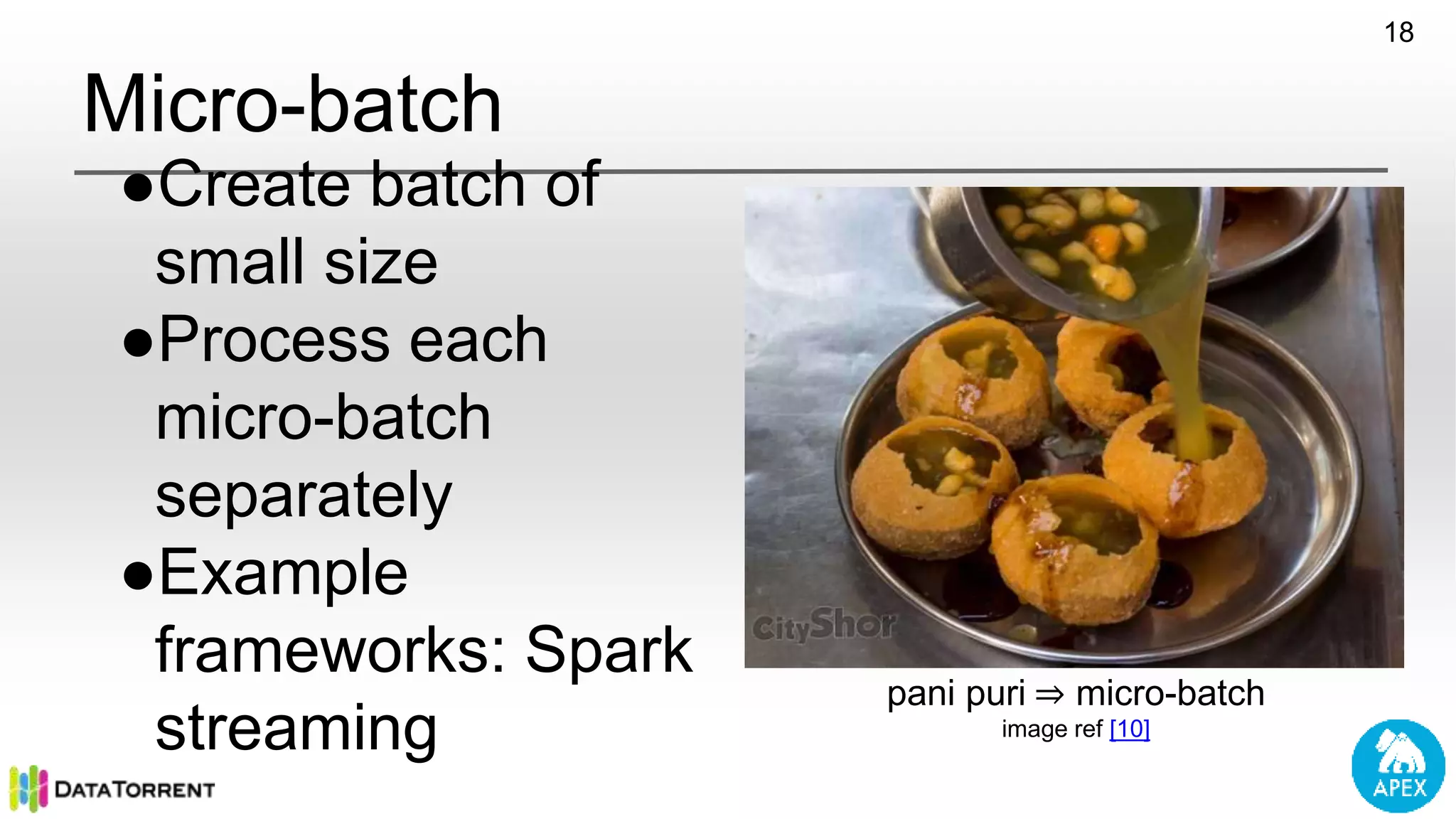 Micro-batch ●Create batch of small size ●Process each micro-batch separately ●Example frameworks: Spark streaming pani puri ⇒ micro-batch image ref [10] 18 