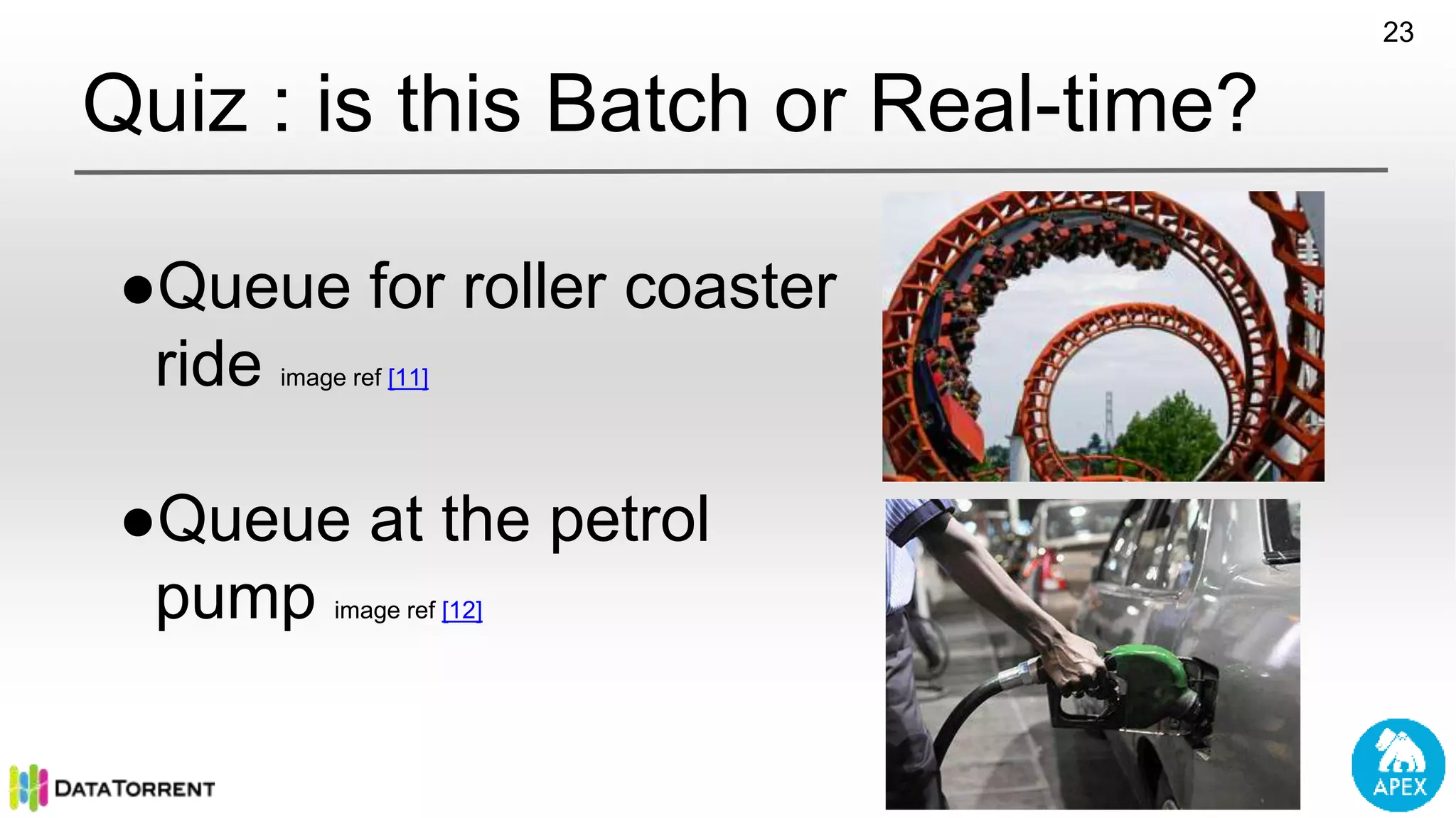Quiz : is this Batch or Real-time? ●Queue for roller coaster ride image ref [11] ●Queue at the petrol pump image ref [12] 23 