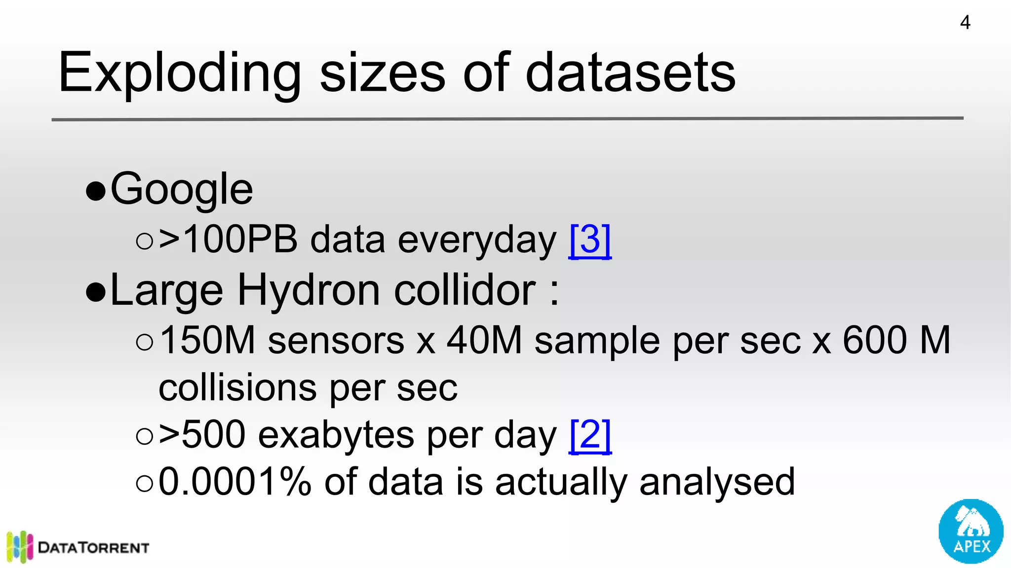 Exploding sizes of datasets 4 ●Google ○>100PB data everyday [3] ●Large Hydron collidor : ○150M sensors x 40M sample per sec x 600 M collisions per sec ○>500 exabytes per day [2] ○0.0001% of data is actually analysed 