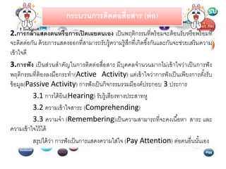 กระบวนการติดต่อสื่อสาร (ต่อ)
2.การกล้าแสดงตนหรือการเปิดเผยตนเอง เป็นพฤติกรรมที่พร้อมจะต้อนรับหรือพร้อมที่
จะติดต่อกัน ด้วยการแสดงออกที่สามารถรับรู้ความรู้สึกที่เกิดซึ้งกันและกันจะช่วยเสริมความ
เข้าใจดี
3.การฟัง เป็นส่วนสาคัญในการติดต่อสื่อสาร มีบุคคลจานวนมากไม่เข้าใจว่าเป็นการฟัง
พฤติกรรมที่ต้องลงมือกระทา(Active Activity) แต่เข้าใจว่าการฟังเป็นเพียงการตั้งรับ
ข้อมูล(Passive Activity) การฟังเป็นกิจกรรมรวมมีองค์ประกอบ 3 ประการ
3.1 การได้ยิน(Hearing) รับรู้เสียงทางประสาทหู
3.2 ความเข้าใจสาระ (Comprehending)
3.3 ความจา (Remembering)เป็นความสามารถที่จะคงเนื้อหา สาระ และ
ความเข้าใจไว้ได้
สรุปได้ว่า การฟังเป็นการแสดงความใส่ใจ (Pay Attention) ต่อคนอื่นนั้นเอง
 