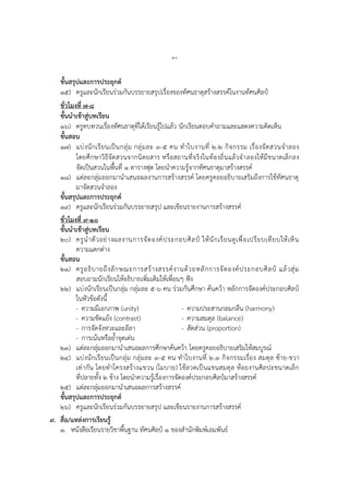๑๐
ขั้นสรุปและการประยุกต์
๑๕) ครูและนักเรียนร่วมกันบรรยายสรุปเรื่องของทัศนธาตุสร้างสรรค์ในงานทัศนศิลป์
ชั่วโมงที่ ๗-๘
ขั้นนาเข้าสู่บทเรียน
๑๖) ครูทบทวนเรื่องทัศนธาตุที่ได้เรียนรู้ไปแล้ว นักเรียนตอบคาถามและแสดงความคิดเห็น
ขั้นสอน
๑๗) แบ่งนักเรียนเป็นกลุ่ม กลุ่มละ ๓-๕ คน ทาใบงานที่ ๒.๒ กิจกรรม เรื่องจัดสวนจาลอง
โดยศึกษาวิธีจัดสวนจากนิตยสาร หรือสถานที่จริงในท้องถิ่นแล้วจาลองให้มีขนาดเล็กลง
จัดเป็นสวนในพื้นที่ ๑ ตารางฟุต โดยนาความรู้จากทัศนธาตุมาสร้างสรรค์
๑๘) แต่ละกลุ่มออกมานาเสนอผลงานการสร้างสรรค์ โดยครูคอยอธิบายเสริมถึงการใช้ทัศนธาตุ
มาจัดสวนจาลอง
ขั้นสรุปและการประยุกต์
๑๙) ครูและนักเรียนร่วมกันบรรยายสรุป และเขียนรายงานการสร้างสรรค์
ชั่วโมงที่ ๙-๑๐
ขั้นนาเข้าสู่บทเรียน
๒๐) ครูนาตัวอย่างผลงานการจัดองค์ประกอบศิลป์ ให้นักเรียนดูเพื่อเปรียบเทียบให้เห็น
ความแตกต่าง
ขั้นสอน
๒๑) ครูอธิบายถึงลักษณะการสร้างสรรค์งานด้วยหลักการจัดองค์ประกอบศิลป์ แล้วสุ่ม
สอบถามนักเรียนให้อธิบายเพิ่มเติมให้เพื่อนๆ ฟัง
๒๒) แบ่งนักเรียนเป็นกลุ่ม กลุ่มละ ๕-๖ คน ร่วมกันศึกษา ค้นคว้า หลักการจัดองค์ประกอบศิลป์
ในหัวข้อดังนี้
- ความมีเอกภาพ (unity) - ความประสานกลมกลืน (harmony)
- ความขัดแย้ง (contrast) - ความสมดุล (balance)
- การจัดจังหวะและลีลา - สัดส่วน (proportion)
- การเน้นหรือย้าจุดเด่น
๒๓) แต่ละกลุ่มออกมานาเสนอผลการศึกษาค้นคว้า โดยครูคอยอธิบายเสริมให้สมบูรณ์
๒๔) แบ่งนักเรียนเป็นกลุ่ม กลุ่มละ ๓-๕ คน ทาใบงานที่ ๒.๓ กิจกรรมเรื่อง สมดุล ซ้าย-ขวา
เท่ากัน โดยทาโครงสร้างแขวน (โมบาย) ใช้ลวดเป็นแขนสมดุล ห้อยงานศิลปะขนาดเล็ก
ที่ปลายทั้ง ๒ ข้าง โดยนาความรู้เรื่องการจัดองค์ประกอบศิลป์มาสร้างสรรค์
๒๕) แต่ละกลุ่มออกมานาเสนอผลการสร้างสรรค์
ขั้นสรุปและการประยุกต์
๒๖) ครูและนักเรียนร่วมกันบรรยายสรุป และเขียนรายงานการสร้างสรรค์
๙. สื่อ/แหล่งการเรียนรู้
๑. หนังสือเรียนรายวิชาพื้นฐาน ทัศนศิลป์ ๑ ของสานักพิมพ์เอมพันธ์
 