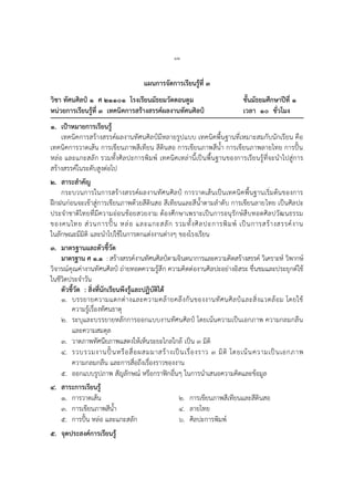 ๑๒
แผนการจัดการเรียนรู้ที่ ๓
วิชา ทัศนศิลป์ ๑ ศ ๒๑๑๐๑ โรงเรียนมัธยมวัดดอนตูม ชั้นมัธยมศึกษาปีที่ ๑
หน่วยการเรียนรู้ที่ ๓ เทคนิคการสร้างสรรค์ผลงานทัศนศิลป์ เวลา ๑๐ ชั่วโมง
๑. เป้าหมายการเรียนรู้
เทคนิคการสร้างสรรค์ผลงานทัศนศิลป์มีหลายรูปแบบ เทคนิคพื้นฐานที่เหมาะสมกับนักเรียน คือ
เทคนิคการวาดเส้น การเขียนภาพสีเทียน สีดินสอ การเขียนภาพสีน้า การเขียนภาพลายไทย การปั้น
หล่อ และแกะสลัก รวมทั้งศิลปะการพิมพ์ เทคนิคเหล่านี้เป็นพื้นฐานของการเรียนรู้ที่จะนาไปสู่การ
สร้างสรรค์ในระดับสูงต่อไป
๒. สาระสาคัญ
กระบวนการในการสร้างสรรค์ผลงานทัศนศิลป์ การวาดเส้นเป็นเทคนิคพื้นฐานเริ่มต้นของการ
ฝึกฝนก่อนจะเข้าสู่การเขียนภาพด้วยสีดินสอ สีเทียนและสีน้าตามลาดับ การเขียนลายไทย เป็นศิลปะ
ประจาชาติไทยที่มีความอ่อนช้อยสวยงาม ต้องศึกษาเพราะเป็นการอนุรักษ์สืบทอดศิลปวัฒนธรรม
ของคนไทย ส่วนการปั้น หล่อ และแกะสลัก รวมทั้งศิลปะการพิมพ์ เป็นการสร้างสรรค์งาน
ในลักษณะมีมิติ และนาไปใช้ในการตกแต่งงานต่างๆ ของโรงเรียน
๓. มาตรฐานและตัวชี้วัด
มาตรฐาน ศ ๑.๑ : สร้างสรรค์งานทัศนศิลป์ตามจินตนาการและความคิดสร้างสรรค์ วิเคราะห์ วิพากษ์
วิจารณ์คุณค่างานทัศนศิลป์ ถ่ายทอดความรู้สึก ความคิดต่องานศิลปะอย่างอิสระ ชื่นชมและประยุกต์ใช้
ในชีวิตประจาวัน
ตัวชี้วัด : สิ่งที่นักเรียนพึงรู้และปฏิบัติได้
๑. บรรยายความแตกต่างและความคล้ายคลึงกันของงานทัศนศิลป์และสิ่งแวดล้อม โดยใช้
ความรู้เรื่องทัศนธาตุ
๒. ระบุและบรรยายหลักการออกแบบงานทัศนศิลป์ โดยเน้นความเป็นเอกภาพ ความกลมกลืน
และความสมดุล
๓. วาดภาพทัศนียภาพแสดงให้เห็นระยะไกลใกล้ เป็น ๓ มิติ
๔. รวบรวมงานปั้นหรือสื่อผสมมาสร้างเป็นเรื่องราว ๓ มิติ โดยเน้นความเป็นเอกภาพ
ความกลมกลืน และการสื่อถึงเรื่องราวของงาน
๕. ออกแบบรูปภาพ สัญลักษณ์ หรือกราฟิกอื่นๆ ในการนาเสนอความคิดและข้อมูล
๔. สาระการเรียนรู้
๑. การวาดเส้น ๒. การเขียนภาพสีเทียนและสีดินสอ
๓. การเขียนภาพสีน้า ๔. ลายไทย
๕. การปั้น หล่อ และแกะสลัก ๖. ศิลปะการพิมพ์
๕. จุดประสงค์การเรียนรู้
 