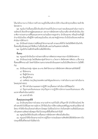 ๖๖
ให้แก่เด็กมากมาย ถ้าต้องการสร้างความภูมิใจให้แก่เด็กควรให้รางวัลแก่เด็กทุกคนที่ส่งภาพเข้าจัด
นิทรรศการ
๒๕. ครูเน้นว่าในขั้นตอนนี้นักเรียนต้องกาหนดไว้ในโครงงานอย่างละเอียดและดาเนินการอย่าง
ระมัดระวัง ต้องปรึกษาครูผู้สอนตลอดเวลา เพราะการจัดนิทรรศการเป็นงานที่ยากสาหรับนักเรียน ต้อง
อาศัยการประสานงานที่ดีและแสวงหาความร่วมมือจากครูทุกท่าน นักเรียนทุกคน หรือแม้กระทั่งผู้มี
อานาจในโรงเรียน หรือผู้ให้การสนับสนุนโรงเรียน เช่น สมาคมผู้ปกครอง ถ้าเป็นโรงเรียนขนาดเล็กจะ
ดาเนินการได้ง่ายกว่า
๒๖. นักเรียนเล่าประสบการณ์ที่เคยทาโครงงานมาแล้ว ตามแบบที่เข้าใจ โดยไม่ได้จัดทาเป็นลาดับ
ขั้นตอนที่ถูกต้องสมบูรณ์ ให้เพื่อนๆ ในชั้นเรียนฟัง และร่วมกันแสดงความคิดเห็น
๒๗. ครูแจ้งกิจกรรมฝึกทักษะที่ควรเพิ่มให้นักเรียน
ขั้นสอน
๒๘. ครูแนะนานักเรียนในการนาผลงานที่ผ่านการคัดสรรจากคณะกรรมการไปจัดนิทรรศการ
๒๙. นักเรียนแบ่งกลุ่ม โดยให้แต่ละกลุ่มทาโครงการ ๑ โครงการ จัดนิทรรศการศิลปะ ๑ เรื่อง ตาม
ขั้นตอนที่ศึกษามาแล้ว โดยคานึงถึงความสามารถของนักเรียนและความเป็นไปได้ของโครงการ (ไม่ให้ซ้า
กัน)
๓๐. นักเรียนแบ่งกลุ่ม กลุ่มละ ๕-๗ คน จัดทาโครงงานการจัดนิทรรศการศิลปะตามหัวข้อดังนี้
๑) ชื่อโครงงาน
๒) ชื่อผู้ทาโครงงาน
๓) ชื่อครูที่ปรึกษา
๔) บทคัดย่อ (ระบุวัตถุประสงค์ความสาคัญของโครงงาน การดาเนินงาน ผลการดาเนินงาน
โดยสรุปอย่างย่อๆ)
๕) วิธีการดาเนินงานและผลการปฏิบัติ (ระบุขั้นตอนการดาเนินงานใช้วัสดุอะไร)
๖) ปัญหาและข้อเสนอแนะ (สรุปปัญหาการปฏิบัติงานโครงงานและข้อเสนอแนะ หรือ
แนวทางที่จะดาเนินงานต่อไป)
๗) เอกสารอ้างอิง
ขั้นสรุปและประยุกต์ใช้
๓๑. นักเรียนสรุปโดยการนาเสนอ สามารถทาความเข้าใจได้ แก้ปัญหาได้ นาไปใช้ประโยชน์ คิด
สร้างสรรค์นาไปใช้ในสภาพการณ์ต่างๆ ได้ ซึ่งนับเป็นการใช้ความคิดและสติปัญญาของตัวเองได้อย่างมี
อิสระ ทาให้นักเรียนเป็นคนช่างสังเกต มีเหตุผล ไม่เชื่ออะไรง่ายๆ ยังเป็นคนมีความเชื่อมั่นในตนเอง
กล้าแสดงความคิดอย่างมีเหตุผล ซึ่งนาไปประยุกต์ใช้ในชีวิตประจาวันได้
๓๒. ครูสรุปโดยให้นักเรียนอธิบายขั้นตอนการจัดนิทรรศการศิลปะในห้องเรียน
๓๓. ครูแนะนาให้นักเรียนสามารถนาความรู้เรื่องการประเมินผลงานทัศนศิลป์เพื่อจัดนิทรรศการไป
ประยุกต์ใช้ในชีวิตประจาวันได้อย่างไร
 