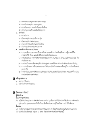 ๓
๒) แบบประเมินพฤติกรรมกำรทำงำนกลุ่ม
๓) แบบสังเกตพฤติกรรมรำยบุคคล
๔) แบบสังเกตสมรรถนะสำคัญของนักเรียน
๕) แบบสังเกตคุณลักษณะอันพึงประสงค์
๒. วิธีวัดผล
๑) ตรวจใบงำน
๒) สังเกตพฤติกรรมกำรทำงำนกลุ่ม
๓) สังเกตพฤติกรรมรำยบุคคล
๔) สังเกตสมรรถนะสำคัญของนักเรียน
๕) สังเกตคุณลักษณะอันพึงประสงค์
๓. เกณฑ์การวัดและประเมินผล
๑) กำรประเมินจำกแบบตรวจใบงำนต้องผ่ำนเกณฑ์กำรประเมิน เรื่องควำมรู้ควำมเข้ำใจ
กำรนำไปใช้ ทักษะ และจิตพิสัย ทุกช่องเกินร้อยละ ๕๐
๒) กำรประเมินผลจำกกำรสังเกตพฤติกรรมกำรทำงำนกลุ่ม ต้องผ่ำนเกณฑ์กำรประเมิน คือ
เกินร้อยละ ๕๐
๓) กำรประเมินผลกำรสังเกตพฤติกรรมรำยบุคคล เกณฑ์ผ่ำนกำรประเมิน ต้องไม่มีช่องปรับปรุง
๔) กำรประเมินผลกำรสังเกตสมรรถนะสำคัญของนักเรียน คะแนนขึ้นอยู่กับกำรประเมินตำม
สภำพจริง
๕) กำรประเมินผลกำรสังเกตคุณลักษณะอันพึงประสงค์ของนักเรียน คะแนนขึ้นอยู่กับ
กำรประเมินตำมสภำพจริง
๗. หลักฐาน/ผลงาน
๑. ผลกำรทำใบงำน
๒. ผลกำรสร้ำงสรรค์ผลงำน
๘. กิจกรรมการเรียนรู้
ชั่วโมงที่ ๑
ขั้นนาเข้าสู่บทเรียน
๑) ครูให้นักเรียนดูภำพงำนทัศนศิลป์ประเภทต่ำง ๆ เพื่อกระตุ้นให้นักเรียนได้เห็นผลงำนศิลปะใน
รูปแบบต่ำง ๆ และสนทนำกับนักเรียนเพื่อเชื่อมโยงควำมรู้เกี่ยวกับ ควำมเข้ำใจในศิลปะ
ขั้นสอน
๒) ครูอธิบำยควำมแตกต่ำงถึงงำนทัศนศิลป์ประเภทต่ำงๆ เพื่อเปรียบเทียบให้เห็นถึงควำมแตกต่ำง
๓) แบ่งนักเรียนเป็นกลุ่ม กลุ่มละ ๓-๕ คน ร่วมกันศึกษำค้นคว้ำ หัวข้อดังนี้
 