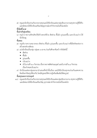 ๙
๕) ครูและนักเรียนร่วมกันบรรยำยสรุปและให้นักเรียนแต่ละกลุ่มเขียนรำยงำนสรุปควำมรู้ที่ได้รับ
และนัดหมำยให้นักเรียนเตรียมวัสดุอุปกรณ์มำทำกิจกรรมในชั่วโมงต่อไป
ชั่วโมงที่ ๓-๔
ขั้นนาเข้าสู่บทเรียน
๖) ครูนำภำพงำนทัศนศิลป์ที่สร้ำงสรรค์ด้วย สัดส่วน พื้นผิว รูปและพื้น และบริเวณว่ำง ให้
นักเรียนดู
ขั้นสอน
๗) ครูอธิบำยควำมหมำยของ สัดส่วน พื้นผิว รูปและพื้น และบริเวณว่ำงที่มีอิทธิพลต่อกำร
สร้ำงสรรค์งำนศิลปะ
๘) แบ่งนักเรียนเป็นกลุ่ม กลุ่มละ ๓-๕ คน ร่วมกันศึกษำค้นคว้ำ หัวข้อดังนี้
 สัดส่วน
 พื้นผิว
 รูปและพื้น
 บริเวณว่ำง
 ทำใบงำนที่ ๒.๓ กิจกรรม เรื่องวำดภำพสัดส่วนมนุษย์ และใบงำนที่ ๒.๔ กิจกรรม
เรื่องกำหนดบริเวณว่ำง
๙) นักเรียนแต่ละกลุ่มออกมำนำเสนอที่หน้ำชั้นเรียน และให้นักเรียนทุกคนร่วมกันแสดงควำม
คิดเห็นหำข้อสรุปที่ตรงกัน โดยมีครูคอยให้ควำมรู้เสริมเพิ่มเติมให้สมบูรณ์
ขั้นสรุปและการประยุกต์
๑๐) ครูและนักเรียนร่วมกันบรรยำยสรุปและให้นักเรียนแต่ละกลุ่มเขียนรำยงำน สรุปควำมรู้ที่ได้รับ
และนัดหมำยให้นักเรียนเตรียมวัสดุ อุปกรณ์มำทำกิจกรรมในชั่วโมงต่อไป
 