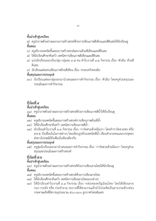 ๑๕
ขั้นนาเข้าสู่บทเรียน
๕) ครูนาภาพตัวอย่างผลงานการสร้างสรรค์ด้วยการเขียนภาพสีเทียนและสีดินสอให้นักเรียนดู
ขั้นสอน
๖) ครูอธิบายเทคนิคขั้นตอนการสร้างสรรค์ผลงานด้วยสีเทียนและสีดินสอ
๗) ให้นักเรียนศึกษาค้นคว้า เทคนิคการเขียนภาพสีเทียนและสีดินสอ
๘) แบ่งนักเรียนออกเป็นกลุ่ม กลุ่มละ ๓-๕ คน ทาใบงานที่ ๓.๒ กิจกรรม เรื่อง “ตัวฉัน” ด้วยสี
ดินสอ
๙) นักเรียนแต่ละคนเขียนภาพด้วยสีเทียน เรื่อง “ครอบครัวของฉัน”
ขั้นสรุปและการประยุกต์
๑๐) นักเรียนแต่ละกลุ่มออกมานาเสนอผลการทากิจกรรม เรื่อง “ตัวฉัน” โดยครูช่วยสรุปและ
ประเมินผลการทากิจกรรม
ชั่วโมงที่ ๔
ขั้นนาเข้าสู่บทเรียน
๑๑) ครูนาภาพตัวอย่างผลงานการสร้างสรรค์ด้วยการเขียนภาพสีน้าให้นักเรียนดู
ขั้นสอน
๑๒) ครูอธิบายเทคนิคขั้นตอนการสร้างสรรค์การเขียนภาพด้วยสีน้า
๑๓) ให้นักเรียนศึกษาค้นคว้า เทคนิคการเขียนภาพสีน้า
๑๔) นักเรียนทาใบงานที่ ๓.๓ กิจกรรม เรื่อง “การ์ดสวยด้วยมือเรา” โดยทาการ์ดอวยพร หรือ
ส.ค.ส. ถึงเพื่อนในโอกาสต่างๆ โดยเขียนรูปด้วยเทคนิคสีน้า เขียนคาอวยพรและบรรจุซอง
ส่งทางไปรษณีย์ถึงเพื่อนในห้องเดียวกัน
ขั้นสรุปและการประยุกต์
๑๕) ครูสุ่มนักเรียนออกมานาเสนอผลการทากิจกรรม เรื่อง “การ์ดสวยด้วยมือเรา” โดยครูช่วย
สรุปและประเมินผลการสร้างสรรค์
ชั่วโมงที่ ๕-๖
ขั้นนาเข้าสู่บทเรียน
๑๖) ครูนาภาพตัวอย่างผลงานการสร้างสรรค์ด้วยการเขียนลายไทยให้นักเรียนดู
ขั้นสอน
๑๗) ครูอธิบายเทคนิคขั้นตอนการสร้างสรรค์ด้วยการเขียนลายไทย
๑๘) ให้นักเรียนศึกษาค้นคว้า เทคนิคการเขียนลายไทยแบบต่างๆ
๑๙) ให้นักเรียนทาใบงานที่ ๓.๔ กิจกรรม เรื่อง “กล่องของขวัญนิยมไทย” โดยให้เขียนลาย
กนก กระจัง หรือ ประจายาม ระบายสีให้สวยงามแล้วนาไปปะติดเป็นลายประดับกล่อง
กระดาษแข็งที่มีความจุประมาณ ๕๐๐-๘๐๐ ลูกบาศก์เซนติเมตร
 