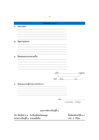 ๑๒
บันทึกหลังการสอน
๑. ผลการสอน
…………………………………………………………………………………………………….
…………………………………………………………………………………………………….
…………………………………………………………………………………………………….
…………………………………………………………………………………………………….
…………………………………………………………………………………………………….
๒. ปัญหา/อุปสรรค
…………………………………………………………………………………………………….
…………………………………………………………………………………………………….
…………………………………………………………………………………………………….
…………………………………………………………………………………………………….
…………………………………………………………………………………………………….
๓. ข้อเสนอแนะ/แนวทางแก้ไข
…………………………………………………………………………………………………….
…………………………………………………………………………………………………….
…………………………………………………………………………………………………….
…………………………………………………………………………………………………….
…………………………………………………………………………………………………….
ลงชื่อ...............................................ครูผู้สอน
(...............................................)
วันที่.......เดือน..........................พ.ศ. ............
๔. ข้อเสนอแนะรองผู้อานวยการฝ่ายวิชาการ
………………………………………………………………………………………………………….……….
…………………………………………………………………………………………………….…………….
………………………………………………………………………………………………………….……….
………………………………………………………………………………………………………..………….
……………………………………………………………………………………………………..…………….
ลงชื่อ...............................................................
( นำงสำวโสภำ ขำเจริญ )
แผนการจัดการเรียนรู้ที่ ๓
วิชา ทัศนศิลป์ ๔-๖ โรงเรียนมัธยมวัดดอนตูม ชั้นมัธยมศึกษาปีที่ ๔-๖
หน่วยการเรียนรู้ที่ ๓ ตามรอยศิลปิน เวลา ๔ ชั่วโมง
 