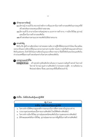 ๑๓
๑. เป้าหมายการเรียนรู้
๑๐.มีควำมรู้ ควำมเข้ำใจ สำมำรถนำหลักกำร หรือแนวทำงในกำรสร้ำงงำนของศิลปินมำประยุกต์ใช้
สร้ำงสรรค์ผลงำนของตนเองได้อย่ำงเหมำะสม
๑๑.มีควำมเข้ำใจ สำมำรถวิเครำะห์จุดมุ่งหมำย แนวทำงกำรสร้ำงงำน กำรเลือกใช้วัสดุ อุปกรณ์
และเนื้อหำในกำรสร้ำงงำนของศิลปิน
๑๒.สร้ำงสรรค์ผลงำนตำมแนวทำงของศิลปินได้อย่ำงสวยงำม
๒. สาระสาคัญ
ศิลปิน คือ ผู้สร้ำงงำนศิลปะโดยกำรถ่ำยทอดควำมคิด ควำมรู้สึกที่มีต่อธรรมชำติ สังคม สิ่งแวดล้อม
ออกมำเป็นผลงำนศิลปะที่มีรูปแบบสวยงำมตำมควำมถนัด ประสบกำรณ์หรือลักษณะเฉพำะตัวของ
ศิลปินแต่ละคน จึงทำให้เกิดผลงำนศิลปะในรูปแบบที่หลำกหลำย ซึ่งมีทั้งศิลปินของไทยและศิลปิน
ต่ำงประเทศที่มีผลงำนสร้ำงสรรค์แตกต่ำงกันตำมควำมคิดของศิลปิน
๓. มาตรฐานและตัวชี้วัด
มาตรฐาน ศ ๑.๑ : สร้ำงสรรค์งำนทัศนศิลป์ตำมจินตนำกำรและควำมคิดสร้ำงสรรค์ วิเครำะห์
วิพำกษ์ วิจำรณ์ คุณค่ำงำนทัศนศิลป์ ถ่ำยทอดควำมรู้สึก ควำมคิดต่องำน
ศิลปะอย่ำงอิสระ ชื่นชม และประยุกต์ใช้ในชีวิตประจำวัน
๓. ตัวชี้วัด : สิ่งที่นักเรียนพึงรู้และปฏิบัติได้
มฐ. ศ ๑.๑
ตัวชี้วัด : สิ่งที่นักเรียนพึงรู้และปฏิบัติได้
๑. วิเครำะห์กำรใช้ทัศนธำตุและหลักกำรออกแบบในกำรสื่อควำมหมำยในรูปแบบต่ำงๆ
๒. บรรยำยจุดประสงค์และเนื้อหำของงำนทัศนศิลป์ โดยใช้ศัพท์ทำงทัศนศิลป์
๓. วิเครำะห์กำรเลือกใช้วัสดุ อุปกรณ์และเทคนิคของศิลปินในกำรแสดงออกทำงทัศนศิลป์
๔. มีทักษะและเทคนิคในกำรใช้วัสดุ อุปกรณ์และกระบวนกำรที่สูงขึ้นในกำรสร้ำงงำนทัศนศิลป์
 