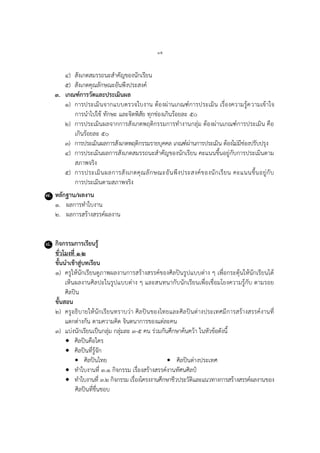 ๑๕
๔) สังเกตสมรรถนะสำคัญของนักเรียน
๕) สังเกตคุณลักษณะอันพึงประสงค์
๓. เกณฑ์การวัดและประเมินผล
๑) กำรประเมินจำกแบบตรวจใบงำน ต้องผ่ำนเกณฑ์กำรประเมิน เรื่องควำมรู้ควำมเข้ำใจ
กำรนำไปใช้ ทักษะ และจิตพิสัย ทุกช่องเกินร้อยละ ๕๐
๒) กำรประเมินผลจำกกำรสังเกตพฤติกรรมกำรทำงำนกลุ่ม ต้องผ่ำนเกณฑ์กำรประเมิน คือ
เกินร้อยละ ๕๐
๓) กำรประเมินผลกำรสังเกตพฤติกรรมรำยบุคคล เกณฑ์ผ่ำนกำรประเมิน ต้องไม่มีช่องปรับปรุง
๔) กำรประเมินผลกำรสังเกตสมรรถนะสำคัญของนักเรียน คะแนนขึ้นอยู่กับกำรประเมินตำม
สภำพจริง
๕) กำรประเมินผลกำรสังเกตคุณลักษณะอันพึงประสงค์ของนักเรียน คะแนนขึ้นอยู่กับ
กำรประเมินตำมสภำพจริง
๗. หลักฐาน/ผลงาน
๑. ผลกำรทำใบงำน
๒. ผลกำรสร้ำงสรรค์ผลงำน
๘. กิจกรรมการเรียนรู้
ชั่วโมงที่ ๑-๒
ขั้นนาเข้าสู่บทเรียน
๑) ครูให้นักเรียนดูภำพผลงำนกำรสร้ำงสรรค์ของศิลปินรูปแบบต่ำง ๆ เพื่อกระตุ้นให้นักเรียนได้
เห็นผลงำนศิลปะในรูปแบบต่ำง ๆ และสนทนำกับนักเรียนเพื่อเชื่อมโยงควำมรู้กับ ตำมรอย
ศิลปิน
ขั้นสอน
๒) ครูอธิบำยให้นักเรียนทรำบว่ำ ศิลปินของไทยและศิลปินต่ำงประเทศมีกำรสร้ำงสรรค์งำนที่
แตกต่ำงกัน ตำมควำมคิด จินตนำกำรของแต่ละคน
๓) แบ่งนักเรียนเป็นกลุ่ม กลุ่มละ ๓-๕ คน ร่วมกันศึกษำค้นคว้ำ ในหัวข้อดังนี้
 ศิลปินคือใคร
 ศิลปินที่รู้จัก
 ศิลปินไทย  ศิลปินต่ำงประเทศ
 ทำใบงำนที่ ๓.๑ กิจกรรม เรื่องสร้ำงสรรค์งำนทัศนศิลป์
 ทำใบงำนที่ ๓.๒ กิจกรรม เรื่องโครงงำนศึกษำชีวประวัติและแนวทำงกำรสร้ำงสรรค์ผลงำนของ
ศิลปินที่ชื่นชอบ
 