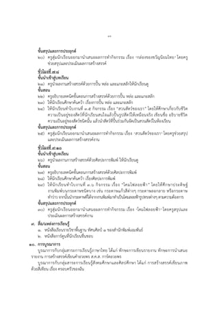 ๑๖
ขั้นสรุปและการประยุกต์
๒๐) ครูสุ่มนักเรียนออกมานาเสนอผลการทากิจกรรม เรื่อง “กล่องของขวัญนิยมไทย” โดยครู
ช่วยสรุปและประเมินผลการสร้างสรรค์
ชั่วโมงที่ ๗-๘
ขั้นนาเข้าสู่บทเรียน
๒๑) ครูนาผลงานสร้างสรรค์ด้วยการปั้น หล่อ และแกะสลักให้นักเรียนดู
ขั้นสอน
๒๒) ครูอธิบายเทคนิคขั้นตอนการสร้างสรรค์ด้วยการปั้น หล่อ และแกะสลัก
๒๓) ให้นักเรียนศึกษาค้นคว้า เรื่องการปั้น หล่อ และแกะสลัก
๒๔) ให้นักเรียนทาใบงานที่ ๓.๕ กิจกรรม เรื่อง “สวนสัตว์ของเรา” โดยให้ศึกษาเกี่ยวกับชีวิต
ความเป็นอยู่ของสัตว์ที่นักเรียนสนใจแล้วปั้นรูปสัตว์ให้เหมือนจริง เขียนชื่อ อธิบายชีวิต
ความเป็นอยู่ของสัตว์ชนิดนั้น แล้วนาสัตว์ที่ปั้นร่วมกันจัดเป็นสวนสัตว์ในห้องเรียน
ขั้นสรุปและการประยุกต์
๒๕) ครูสุ่มนักเรียนออกมานาเสนอผลการทากิจกรรม เรื่อง “สวนสัตว์ของเรา” โดยครูช่วยสรุป
และประเมินผลการสร้างสรรค์งาน
ชั่วโมงที่ ๙-๑๐
ขั้นนาเข้าสู่บทเรียน
๒๖) ครูนาผลงานการสร้างสรรค์ด้วยศิลปะการพิมพ์ ให้นักเรียนดู
ขั้นสอน
๒๗) ครูอธิบายเทคนิคขั้นตอนการสร้างสรรค์ด้วยศิลปะการพิมพ์
๒๘) ให้นักเรียนศึกษาค้นคว้า เรื่องศิลปะการพิมพ์
๒๙) ให้นักเรียนทาใบงานที่ ๓.๖ กิจกรรม เรื่อง “โคมไฟลอยฟ้า” โดยให้ศึกษาประดิษฐ์
งานพิมพ์บนกระดาษชนิดบาง เช่น กระดาษแก้วสีต่างๆ กระดาษลอกลาย หรือกระดาษ
ทาว่าว จากนั้นนากระดาษที่ได้จากงานพิมพ์มาทาเป็นโคมลอยฟ้ารูปทรงต่างๆ ตามความต้องการ
ขั้นสรุปและการประยุกต์
๓๐) ครูสุ่มนักเรียนออกมานาเสนอผลการทากิจกรรม เรื่อง “โคมไฟลอยฟ้า” โดยครูสรุปและ
ประเมินผลการสร้างสรรค์งาน
๙. สื่อ/แหล่งการเรียนรู้
๑. หนังสือเรียนรายวิชาพื้นฐาน ทัศนศิลป์ ๑ ของสานักพิมพ์เอมพันธ์
๒. หนังสือการ์ตูนที่นักเรียนชื่นชอบ
๑๐. การบูรณาการ
บูรณาการกับกลุ่มสาระการเรียนรู้ภาษาไทย ได้แก่ ทักษะการเขียนรายงาน ทักษะการนาเสนอ
รายงาน การสร้างสรรค์เขียนคาอวยพร ส.ค.ส. การ์ดอวยพร
บูรณาการกับกลุ่มสาระการเรียนรู้สังคมศึกษาและศิลปศึกษา ได้แก่ การสร้างสรรค์เขียนภาพ
ด้วยสีเทียน เรื่อง ครอบครัวของฉัน
 