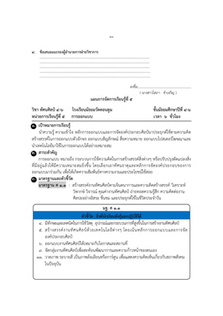 ๒๓
๔. ข้อเสนอแนะรองผู้อานวยการฝ่ายวิชาการ
………………………………………………………………………………………………………….……….
…………………………………………………………………………………………………….…………….
………………………………………………………………………………………………………….……….
………………………………………………………………………………………………………..………….
……………………………………………………………………………………………………..…………….
ลงชื่อ...............................................................
( นำงสำวโสภำ ขำเจริญ )
แผนการจัดการเรียนรู้ที่ ๕
วิชา ทัศนศิลป์ ๔-๖ โรงเรียนมัธยมวัดดอนตูม ชั้นมัธยมศึกษาปีที่ ๔-๖
หน่วยการเรียนรู้ที่ ๕ การออกแบบ เวลา ๖ ชั่วโมง
๑. เป้าหมายการเรียนรู้
นำควำมรู้ ควำมเข้ำใจ หลักกำรออกแบบและกำรจัดองค์ประกอบศิลป์มำประยุกต์ใช้ตำมควำมคิด
สร้ำงสรรค์ในกำรออกแบบตัวอักษร ออกแบบสัญลักษณ์ สื่อควำมหมำย ออกแบบโปสเตอร์โฆษณำและ
นำเทคโนโลยีมำใช้ในกำรออกแบบได้อย่ำงเหมำะสม
๒. สาระสาคัญ
กำรออกแบบ หมำยถึง กระบวนกำรใช้ควำมคิดในกำรสร้ำงสรรค์สิ่งต่ำงๆ หรือปรับปรุงดัดแปลงสิ่ง
ที่มีอยู่แล้วให้มีควำมเหมำะสมยิ่งขึ้น โดยเลือกเอำทัศนธำตุและหลักกำรจัดองค์ประกอบของกำร
ออกแบบมำร่วมกัน เพื่อให้เกิดควำมสัมพันธ์ทำงควำมงำมและประโยชน์ใช้สอย
๓. มาตรฐานและตัวชี้วัด
มาตรฐาน ศ ๑.๑ : สร้ำงสรรค์งำนทัศนศิลป์ตำมจินตนำกำรและควำมคิดสร้ำงสรรค์ วิเครำะห์
วิพำกษ์ วิจำรณ์ คุณค่ำงำนทัศนศิลป์ ถ่ำยทอดควำมรู้สึก ควำมคิดต่องำน
ศิลปะอย่ำงอิสระ ชื่นชม และประยุกต์ใช้ในชีวิตประจำวัน
มฐ. ศ ๑.๑
ตัวชี้วัด : สิ่งที่นักเรียนพึงรู้และปฏิบัติได้
๔. มีทักษะและเทคนิคในกำรใช้วัสดุ อุปกรณ์และกระบวนกำรที่สูงขึ้นในกำรสร้ำงงำนทัศนศิลป์
๕. สร้ำงสรรค์งำนทัศนศิลป์ด้วยเทคโนโลยีต่ำงๆ โดยเน้นหลักกำรออกแบบและกำรจัด
องค์ประกอบศิลป์
๖. ออกแบบงำนทัศนศิลป์ได้เหมำะกับโอกำสและสถำนที่
๙. จัดกลุ่มงำนทัศนศิลป์เพื่อสะท้อนพัฒนำกำรและควำมก้ำวหน้ำของตนเอง
๑๑. วำดภำพ ระบำยสี เป็นภำพล้อเลียนหรือกำร์ตูน เพื่อแสดงควำมคิดเห็นเกี่ยวกับสภำพสังคม
ในปัจจุบัน
 