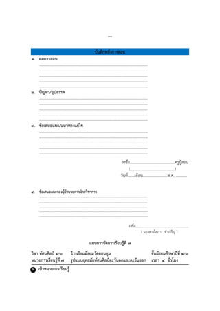 ๓๓
บันทึกหลังการสอน
๑. ผลการสอน
…………………………………………………………………………………………………….
…………………………………………………………………………………………………….
…………………………………………………………………………………………………….
…………………………………………………………………………………………………….
…………………………………………………………………………………………………….
๒. ปัญหา/อุปสรรค
…………………………………………………………………………………………………….
…………………………………………………………………………………………………….
…………………………………………………………………………………………………….
…………………………………………………………………………………………………….
…………………………………………………………………………………………………….
๓. ข้อเสนอแนะ/แนวทางแก้ไข
…………………………………………………………………………………………………….
…………………………………………………………………………………………………….
…………………………………………………………………………………………………….
…………………………………………………………………………………………………….
…………………………………………………………………………………………………….
ลงชื่อ...............................................ครูผู้สอน
(...............................................)
วันที่.......เดือน..........................พ.ศ. ............
๔. ข้อเสนอแนะรองผู้อานวยการฝ่ายวิชาการ
………………………………………………………………………………………………………….……….
…………………………………………………………………………………………………….…………….
………………………………………………………………………………………………………….……….
………………………………………………………………………………………………………..………….
……………………………………………………………………………………………………..…………….
ลงชื่อ...............................................................
( นำงสำวโสภำ ขำเจริญ )
แผนการจัดการเรียนรู้ที่ ๗
วิชา ทัศนศิลป์ ๔-๖ โรงเรียนมัธยมวัดดอนตูม ชั้นมัธยมศึกษาปีที่ ๔-๖
หน่วยการเรียนรู้ที่ ๗ รูปแบบยุคสมัยทัศนศิลป์ตะวันตกและตะวันออก เวลา ๔ ชั่วโมง
๑. เป้าหมายการเรียนรู้
 