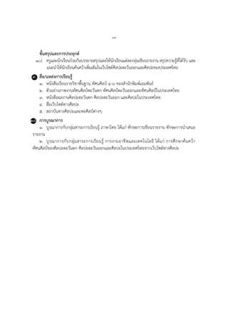 ๓๗
ขั้นสรุปและการประยุกต์
๑๐) ครูและนักเรียนร่วมกันบรรยำยสรุปและให้นักเรียนแต่ละกลุ่มเขียนรำยงำน สรุปควำมรู้ที่ได้รับ และ
แนะนำให้นักเรียนค้นคว้ำเพิ่มเติมในเว็บไซต์ศิลปะตะวันออกและศิลปะของประเทศไทย
๙. สื่อ/แหล่งการเรียนรู้
๑. หนังสือเรียนรำยวิชำพื้นฐำน ทัศนศิลป์ ๔-๖ ของสำนักพิมพ์เอมพันธ์
๒. ตัวอย่ำงภำพงำนทัศนศิลป์ตะวันตก ทัศนศิลป์ตะวันออกและทัศนศิลป์ในประเทศไทย
๓. หนังสือผลงำนศิลปะตะวันตก ศิลปะตะวันออก และศิลปะในประเทศไทย
๔. สื่อเว็บไซต์ทำงศิลปะ
๕. สถำบันทำงศิลปะและหอศิลป์ต่ำงๆ
๑๐. การบูรณาการ
๑. บูรณำกำรกับกลุ่มสำระกำรเรียนรู้ ภำษำไทย ได้แก่ ทักษะกำรเขียนรำยงำน ทักษะกำรนำเสนอ
รำยงำน
๒. บูรณำกำรกับกลุ่มสำระกำรเรียนรู้ กำรงำนอำชีพและเทคโนโลยี ได้แก่ กำรศึกษำค้นคว้ำ
ทัศนศิลป์ของศิลปะตะวันตก ศิลปะตะวันออกและศิลปะในประเทศไทยจำกเว็บไซต์ทำงศิลปะ
 
