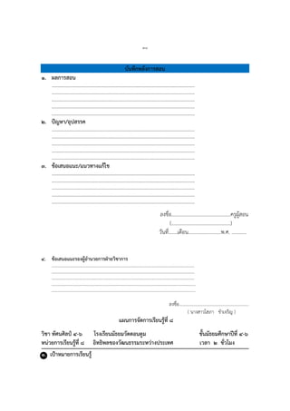 ๓๘
บันทึกหลังการสอน
๑. ผลการสอน
…………………………………………………………………………………………………….
…………………………………………………………………………………………………….
…………………………………………………………………………………………………….
…………………………………………………………………………………………………….
…………………………………………………………………………………………………….
๒. ปัญหา/อุปสรรค
…………………………………………………………………………………………………….
…………………………………………………………………………………………………….
…………………………………………………………………………………………………….
…………………………………………………………………………………………………….
…………………………………………………………………………………………………….
๓. ข้อเสนอแนะ/แนวทางแก้ไข
…………………………………………………………………………………………………….
…………………………………………………………………………………………………….
…………………………………………………………………………………………………….
…………………………………………………………………………………………………….
…………………………………………………………………………………………………….
ลงชื่อ...............................................ครูผู้สอน
(...............................................)
วันที่.......เดือน..........................พ.ศ. ............
๔. ข้อเสนอแนะรองผู้อานวยการฝ่ายวิชาการ
………………………………………………………………………………………………………….……….
…………………………………………………………………………………………………….…………….
………………………………………………………………………………………………………….……….
………………………………………………………………………………………………………..………….
……………………………………………………………………………………………………..…………….
ลงชื่อ...............................................................
( นำงสำวโสภำ ขำเจริญ )
แผนการจัดการเรียนรู้ที่ ๘
วิชา ทัศนศิลป์ ๔-๖ โรงเรียนมัธยมวัดดอนตูม ชั้นมัธยมศึกษาปีที่ ๔-๖
หน่วยการเรียนรู้ที่ ๘ อิทธิพลของวัฒนธรรมระหว่างประเทศ เวลา ๒ ชั่วโมง
๑. เป้าหมายการเรียนรู้
 