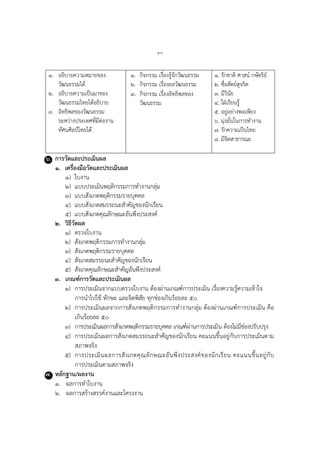 ๔๐
๑. อธิบำยควำมหมำยของ
วัฒนธรรมได้
๒. อธิบำยควำมเป็นมำของ
วัฒนธรรมไทยได้อธิบำย
๓. อิทธิพลของวัฒนธรรม
ระหว่ำงประเทศที่มีต่องำน
ทัศนศิลป์ไทยได้
๑. กิจกรรม เรื่องรู้จักวัฒนธรรม
๒. กิจกรรม เรื่องยลวัฒนธรรม
๓. กิจกรรม เรื่องอิทธิพลของ
วัฒนธรรม
๑. รักชำติ ศำสน์ กษัตริย์
๒. ซื่อสัตย์สุจริต
๓. มีวินัย
๔. ใฝ่เรียนรู้
๕. อยู่อย่ำงพอเพียง
๖. มุ่งมั่นในกำรทำงำน
๗. รักควำมเป็นไทย
๘. มีจิตสำธำรณะ
๖. การวัดและประเมินผล
๑. เครื่องมือวัดและประเมินผล
๑) ใบงำน
๒) แบบประเมินพฤติกรรมกำรทำงำนกลุ่ม
๓) แบบสังเกตพฤติกรรมรำยบุคคล
๔) แบบสังเกตสมรรถนะสำคัญของนักเรียน
๕) แบบสังเกตคุณลักษณะอันพึงประสงค์
๒. วิธีวัดผล
๑) ตรวจใบงำน
๒) สังเกตพฤติกรรมกำรทำงำนกลุ่ม
๓) สังเกตพฤติกรรมรำยบุคคล
๔) สังเกตสมรรถนะสำคัญของนักเรียน
๕) สังเกตคุณลักษณะสำคัญอันพึงประสงค์
๓. เกณฑ์การวัดและประเมินผล
๑) กำรประเมินจำกแบบตรวจใบงำน ต้องผ่ำนเกณฑ์กำรประเมิน เรื่องควำมรู้ควำมเข้ำใจ
กำรนำไปใช้ ทักษะ และจิตพิสัย ทุกช่องเกินร้อยละ ๕๐
๒) กำรประเมินผลจำกกำรสังเกตพฤติกรรมกำรทำงำนกลุ่ม ต้องผ่ำนเกณฑ์กำรประเมิน คือ
เกินร้อยละ ๕๐
๓) กำรประเมินผลกำรสังเกตพฤติกรรมรำยบุคคล เกณฑ์ผ่ำนกำรประเมิน ต้องไม่มีช่องปรับปรุง
๔) กำรประเมินผลกำรสังเกตสมรรถนะสำคัญของนักเรียน คะแนนขึ้นอยู่กับกำรประเมินตำม
สภำพจริง
๕) กำรประเมินผลกำรสังเกตคุณลักษณะอันพึงประสงค์ของนักเรียน คะแนนขึ้นอยู่กับ
กำรประเมินตำมสภำพจริง
๗. หลักฐาน/ผลงาน
๑. ผลกำรทำใบงำน
๒. ผลกำรสร้ำงสรรค์งำนและโครงงำน
 