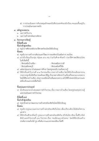 ๒๐
๕) การประเมินผลการสังเกตคุณลักษณะอันพึงประสงค์ของนักเรียน คะแนนขึ้นอยู่กับ
การประเมินตามสภาพจริง
๗. หลักฐาน/ผลงาน
๑. ผลการทาใบงาน
๒. ผลการสร้างสรรค์ผลงานศิลปะ
๘. กิจกรรมการเรียนรู้
ชั่วโมงที่ ๑-๒
ขั้นนาเข้าสู่บทเรียน
๑) ครูนาภาพศิลปะสมัยประวัติศาสตร์ของไทยให้นักเรียนดู
ขั้นสอน
๒) ครูอธิบายการสร้างงานศิลปะและวิวัฒนาการของศิลปะในสมัยต่างๆ ของไทย
๓) แบ่งนักเรียนเป็นกลุ่ม กลุ่มละ ๕-๖ คน ร่วมกันศึกษาค้นคว้า ประวัติศาสตร์ศิลปะไทย
ในหัวข้อดังนี้
- ศิลปะสมัยบ้านเชียง - ศิลปะสมัยทวารวดี
- ศิลปะสมัยลพบุรี - ศิลปะสมัยศรีวิชัย
๔) แต่ละกลุ่มออกมานาเสนอผลการศึกษา โดยครูคอยอธิบายเสริมความรู้
๕) ให้นักเรียนทาใบงานที่ ๔.๑ กิจกรรมเรื่อง กระถางบ้านเชียง โดยให้นักเรียนเขียนลายบน
กระถางปลูกต้นไม้หรือภาชนะดินเผาสีอิฐ เป็นลวดลายศิลปะบ้านเชียงหรือออกแบบลวดลาย
ใหม่ให้ศิลปะบ้านเชียง เน้นความเหมือนด้วยสีและลวดลาย แล้วใช้สีโปสเตอร์เขียนลายและ
เคลือบด้วยแลกเกอร์เพื่อกันน้า
ขั้นสรุปและการประยุกต์
๖) นักเรียนออกมานาเสนอผลการทากิจกรรม เรื่อง กระถางบ้านเชียง โดยครูช่วยสรุปความรู้
และประเมินผลการทากิจกรรม
ชั่วโมงที่ ๓-๔
ขั้นนาเข้าสู่บทเรียน
๗) ครูนาตัวอย่างภาพผลงานการสร้างสรรค์ของศิลปินไทยให้นักเรียนดู
ขั้นสอน
๘) ครูอธิบายรูปแบบผลงานการสร้างสรรค์ของศิลปินไทย เพื่อเปรียบเทียบให้เห็นถึงความ
แตกต่าง
๙) ให้นักเรียนศึกษาค้นคว้า รูปแบบการสร้างสรรค์ของศิลปิน ขรัวอินโข่ง เขียน ยิ้มศิริ ถวัลย์
ดัชนี และทาใบงานที่ ๔.๒ กิจกรรม เรื่อง “ขอเลียนแบบด้วยคน” โดยให้นักเรียนสร้าง
ประติมากรรมด้วยไม้ ปูน หรือดิน ตามแนวทางของเขียน ยิ้มศิริ
 