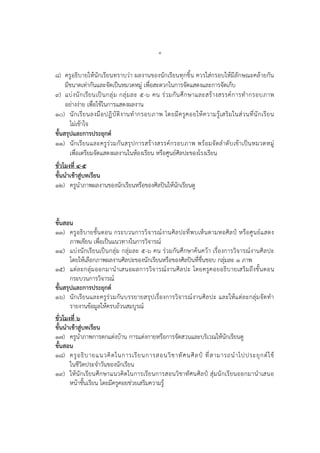 ๔
๘) ครูอธิบายให้นักเรียนทราบว่า ผลงานของนักเรียนทุกชิ้น ควรใส่กรอบให้มีลักษณะคล้ายกัน
มีขนาดเท่ากันและจัดเป็นหมวดหมู่ เพื่อสะดวกในการจัดแสดงและการจัดเก็บ
๙) แบ่งนักเรียนเป็นกลุ่ม กลุ่มละ ๕-๖ คน ร่วมกันศึกษาและสร้างสรรค์การทากรอบภาพ
อย่างง่าย เพื่อใช้ในการแสดงผลงาน
๑๐) นักเรียนลงมือปฏิบัติงานทากรอบภาพ โดยมีครูคอยให้ความรู้เสริมในส่วนที่นักเรียน
ไม่เข้าใจ
ขั้นสรุปและการประยุกต์
๑๑) นักเรียนและครูร่วมกันสรุปการสร้างสรรค์กรอบภาพ พร้อมจัดลาดับเข้าเป็นหมวดหมู่
เพื่อเตรียมจัดแสดงผลงานในห้องเรียน หรือศูนย์ศิลปะของโรงเรียน
ชั่วโมงที่ ๔-๕
ขั้นนาเข้าสู่บทเรียน
๑๒) ครูนาภาพผลงานของนักเรียนหรือของศิลปินให้นักเรียนดู
ขั้นสอน
๑๓) ครูอธิบายขั้นตอน กระบวนการวิจารณ์งานศิลปะที่พบเห็นตามหอศิลป์ หรือศูนย์แสดง
ภาพเขียน เพื่อเป็นแนวทางในการวิจารณ์
๑๔) แบ่งนักเรียนเป็นกลุ่ม กลุ่มละ ๕-๖ คน ร่วมกันศึกษาค้นคว้า เรื่องการวิจารณ์งานศิลปะ
โดยให้เลือกภาพผลงานศิลปะของนักเรียนหรือของศิลปินที่ชื่นชอบ กลุ่มละ ๑ ภาพ
๑๕) แต่ละกลุ่มออกมานาเสนอผลการวิจารณ์งานศิลปะ โดยครูคอยอธิบายเสริมถึงขั้นตอน
กระบวนการวิจารณ์
ขั้นสรุปและการประยุกต์
๑๖) นักเรียนและครูร่วมกันบรรยายสรุปเรื่องการวิจารณ์งานศิลปะ และให้แต่ละกลุ่มจัดทา
รายงานข้อมูลให้ครบถ้วนสมบูรณ์
ชั่วโมงที่ ๖
ขั้นนาเข้าสู่บทเรียน
๑๗) ครูนาภาพการตกแต่งบ้าน การแต่งกายหรือการจัดสวนและบริเวณให้นักเรียนดู
ขั้นสอน
๑๘) ครูอธิบายแนวคิดในการเรียนการสอนวิชาทัศนศิลป์ ที่สามารถนาไปประยุกต์ใช้
ในชีวิตประจาวันของนักเรียน
๑๙) ให้นักเรียนศึกษาแนวคิดในการเรียนการสอนวิชาทัศนศิลป์ สุ่มนักเรียนออกมานาเสนอ
หน้าชั้นเรียน โดยมีครูคอยช่วยเสริมความรู้
 