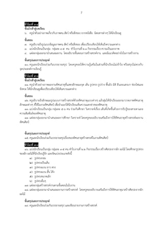 7
ชั่วโมงที่ ๓-๔
ขั้นนาเข้าสู่บทเรียน
๖. ครูนาตัวอย่างภาพเกี่ยวกับภาพคน สัตว์ หรือสิ่งของ จากหนังสือ นิตยสารต่างๆ ให้นักเรียนดู
ขั้นสอน
๗. ครูอธิบายถึงรูปแบบข้อมูลภาพคน สัตว์ หรือสิ่งของ เพื่อเปรียบเทียบให้เห็นถึงความแตกต่าง
๘. แบ่งนักเรียนเป็นกลุ่ม กลุ่มละ ๓-๕ คน ทาใบงานที่ ๒.๑ กิจกรรมเรื่อง ความเป็นเอกภาพ
๙. แต่ละกลุ่มออกมานาเสนอผลงาน โดยอธิบายขั้นตอนการสร้างสรรค์งาน และมีแนวคิดอย่างไรในการสร้างงาน
ขั้นสรุปและการประยุกต์
๑๐. ครูและนักเรียนร่วมกันบรรยายสรุป โดยครูคอยให้ความรู้เสริมในส่วนที่นักเรียนไม่เข้าใจ หรือสรุปไม่ตรงกับ
จุดประสงค์การเรียนรู้
ชั่วโมงที่ ๕-๖
ขั้นนาเข้าสู่บทเรียน
๑๑. ครูนาตัวอย่างภาพผลงานทัศนธาตุที่แสดงลักษณะจุด เส้น รูปทรง รูปร่าง พื้นผิว มิติ สีและแสงเงา ช่องไฟและ
จังหวะ ให้นักเรียนดูเพื่อเปรียบเทียบให้เห็นความแตกต่าง
ขั้นสอน
๑๒. ครูอธิบายถึงลักษณะรูปแบบการสร้างสรรค์ด้วยทัศนธาตุแบบต่างๆ แล้วสุ่มให้นักเรียนออกมาวาดภาพทัศนธาตุ
ลักษณะต่างๆ ที่ใช้ในงานทัศนศิลป์ เพื่อจาแนกให้นักเรียนเห็นความแตกต่างของทัศนธาตุ
๑๓. แบ่งนักเรียนเป็นกลุ่ม กลุ่มละ ๕-๖ คน ร่วมกันศึกษา วิเคราะห์เรื่อง เส้นที่เกิดขึ้นด้วยการรับรู้ของสายตาและ
ความสัมพันธ์ของทัศนธาตุ
๑๔. แต่ละกลุ่มออกมานาเสนอผลการศึกษา วิเคราะห์ โดยครูคอยอธิบายเสริมถึงการใช้ทัศนธาตุสร้างสรรค์ผลงาน
ทัศนศิลป์
ขั้นสรุปและการประยุกต์
๑๕. ครูและนักเรียนร่วมกันบรรยายสรุปเรื่องของทัศนธาตุสร้างสรรค์ในงานทัศนศิลป์
ชั่วโมงที่ ๗-๘
๑๖. แบ่งนักเรียนเป็นกลุ่ม กลุ่มละ ๓-๕ คน ทาใบงานที่ ๒.๒ กิจกรรมเรื่อง สร้างศิลปะจากผัก ผลไม้ โดยศึกษารูปทรง
ของผัก ผลไม้ที่นักเรียนรู้จัก และจัดแบ่งประเภทดังนี้
๑) รูปทรงกลม
๒) รูปทรงเป็นเส้น
๓) รูปทรงแบน ยาว ตรง
๔) รูปทรงแบน สั้น โค้ง
๕) รูปทรงขนาดเล็ก
๖) รูปทรงอื่นๆ
๑๗. แต่ละกลุ่มสร้างสรรค์งานตามขั้นตอนในใบงาน
๑๘. แต่ละกลุ่มออกมานาเสนอผลงานการสร้างสรรค์ โดยครูคอยอธิบายเสริมถึงการใช้ทัศนธาตุมาสร้างศิลปะจากผัก
ผลไม้
ขั้นสรุปและการประยุกต์
๑๙. ครูและนักเรียนร่วมกันบรรยายสรุป และเขียนรายงานการสร้างสรรค์
 