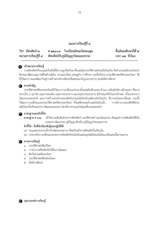 15
แผนการเรียนรู้ที่ ๔
วิชา ทัศนศิลป์ ๒ ศ ๒๒๑๐๑ โรงเรียนมัธยมวัดดอนตูม ชั้นมัธยมศึกษาปีที่ ๒
หน่วยการเรียนรู้ที่ ๔ ทัศนศิลป์กับภูมิปัญญาไทยและสากล เวลา ๑๒ ชั่วโมง
------------------------------------------------------------------------------------------------------------------------------------------
๑. เป้าหมายการเรียนรู้
งานทัศนศิลป์กับมนุษย์เป็นสิ่งที่มีความผูกพันกันมาตั้งแต่สมัยประวัติศาสตร์จนถึงปัจจุบัน ศิลปินร่วมสมัยของไทยนา
ศิลปะมาพัฒนาคุณภาพชีวิตด้านจิตใจ อารมณ์ สังคม เศรษฐกิจ การศึกษา รวมทั้งเรื่องราวประวัติศาสตร์ศิลปะตะวันตก ซึ่ง
มีวิวัฒนาการและพัฒนาไปสู่การสร้างสรรค์งานศิลปะที่แสดงออกในรูปแบบต่างๆ ของลัทธิทางศิลปะ
๒. สาระสาคัญ
ประวัติศาสตร์ศิลปะของไทยมีวิวัฒนาการเปลี่ยนแปลงมาตั้งแต่สมัยเชียงแสน-ล้านนา สมัยสุโขทัย สมัยอยุธยา ซึ่งแบ่ง
ออกเป็น ๓ ยุค คือ อยุธยาตอนต้น อยุธยาตอนกลาง และอยุธยาตอนปลาย มีลักษณะที่เป็นเอกลักษณ์ เป็นมรดกทาง
วัฒนธรรมของชาติ และการสร้างสรรค์งานของศิลปินร่วมสมัยไทยในอดีตจนถึงปัจจุบัน ที่เราคนไทยควรชื่นชม รวมทั้ง
วิวัฒนาการเปลี่ยนแปลงประวัติศาสตร์ศิลปะตะวันตก ตั้งแต่ศิลปะยุคไบแซนไทน์จนถึง การสร้างงานของลัทธิศิลปะ
สมัยใหม่ ซึ่งเป็นมรดกทางวัฒนธรรมของชาวโลกที่เราควรอนุรักษ์และสืบทอดตลอดไป
๓. มาตรฐานและตัวชี้วัด
มาตรฐาน ศ ๑.๒ เข้าใจความสัมพันธ์ระหว่างทัศนศิลป์ ประวัติศาสตร์ และวัฒนธรรม เห็นคุณค่างานทัศนศิลป์ที่เป็น
มรดกทางวัฒนธรรม ภูมิปัญญาท้องถิ่น ภูมิปัญญาไทยและสากล
ตัวชี้วัด : สิ่งที่นักเรียนพึงรู้และปฏิบัติได้
(๑) ระบุและบรรยายเกี่ยวกับวัฒนธรรมต่างๆ ที่สะท้อนถึงงานทัศนศิลป์ในปัจจุบัน
(๒) บรรยายถึงการเปลี่ยนแปลงของงานทัศนศิลป์ของไทยในแต่ละยุคสมัยโดยเน้นถึงแนวคิดและเนื้อหาของงาน
๔. สาระการเรียนรู้
๑. ประวัติศาสตร์ศิลป์ไทย
๒. การนางานทัศนศิลป์ไปใช้ในงานโฆษณา
๓. ศิลปินร่วมสมัยของไทย
๔. ประวัติศาสตร์ศิลป์ตะวันตก
๕. ลัทธิทางศิลปะ
๕. จุดประสงค์การเรียนรู้
 