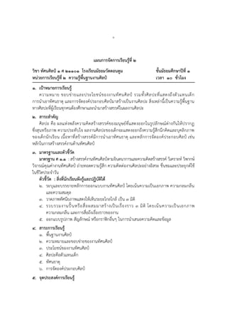 ๖
แผนการจัดการเรียนรู้ที่ ๒
วิชา ทัศนศิลป์ ๑ ศ ๒๑๑๐๑ โรงเรียนมัธยมวัดดอนตูม ชั้นมัธยมศึกษาปีที่ ๑
หน่วยการเรียนรู้ที่ ๒ ความรู้พื้นฐานงานศิลป์ เวลา ๑๐ ชั่วโมง
๑. เป้าหมายการเรียนรู้
ความหมาย ขอบข่ายและประโยชน์ของงานทัศนศิลป์ รวมทั้งศิลปะที่แสดงถึงตัวแทนเด็ก
การนาเอาทัศนธาตุ และการจัดองค์ประกอบศิลป์มาสร้างเป็นงานศิลปะ สิ่งเหล่านี้เป็นความรู้พื้นฐาน
ทางศิลปะที่ผู้เรียนทุกคนต้องศึกษาและนามาสร้างสรรค์ในผลงานศิลปะ
๒. สาระสาคัญ
ศิลปะ คือ ผลแห่งพลังความคิดสร้างสรรค์ของมนุษย์ที่แสดงออกในรูปลักษณ์ต่างกันให้ปรากฏ
ซึ่งสุนทรียภาพ ความประทับใจ ผลงานศิลปะของเด็กจะแสดงออกถึงความรู้สึกนึกคิดและบุคลิกภาพ
ของเด็กนักเรียน เนื้อหาที่สร้างสรรค์มีการนาเอาทัศนธาตุ และหลักการจัดองค์ประกอบศิลป์ เช่น
หลักในการสร้างสรรค์งานด้านทัศนศิลป์
๓. มาตรฐานและตัวชี้วัด
มาตรฐาน ศ ๑.๑ : สร้างสรรค์งานทัศนศิลป์ตามจินตนาการและความคิดสร้างสรรค์ วิเคราะห์ วิพากษ์
วิจารณ์คุณค่างานทัศนศิลป์ ถ่ายทอดความรู้สึก ความคิดต่องานศิลปะอย่างอิสระ ชื่นชมและประยุกต์ใช้
ในชีวิตประจาวัน
ตัวชี้วัด : สิ่งที่นักเรียนพึงรู้และปฏิบัติได้
๒. ระบุและบรรยายหลักการออกแบบงานทัศนศิลป์ โดยเน้นความเป็นเอกภาพ ความกลมกลืน
และความสมดุล
๓. วาดภาพทัศนียภาพแสดงให้เห็นระยะไกลใกล้ เป็น ๓ มิติ
๔. รวบรวมงานปั้นหรือสื่อผสมมาสร้างเป็นเรื่องราว ๓ มิติ โดยเน้นความเป็นเอกภาพ
ความกลมกลืน และการสื่อถึงเรื่องราวของงาน
๕. ออกแบบรูปภาพ สัญลักษณ์ หรือกราฟิกอื่นๆ ในการนาเสนอความคิดและข้อมูล
๔. สาระการเรียนรู้
๑. พื้นฐานงานศิลป์
๒. ความหมายและขอบข่ายของงานทัศนศิลป์
๓. ประโยชน์ของงานทัศนศิลป์
๔. ศิลปะคือตัวแทนเด็ก
๕. ทัศนธาตุ
๖. การจัดองค์ประกอบศิลป์
๕. จุดประสงค์การเรียนรู้
 