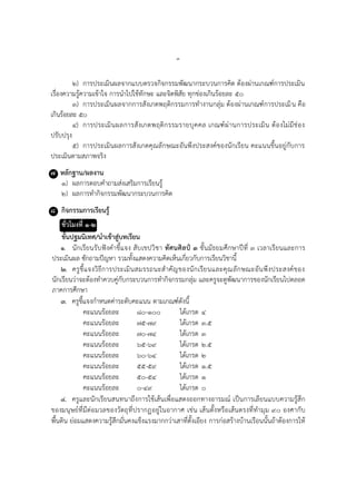 ๓
๒) การประเมินผลจากแบบตรวจกิจกรรมพัฒนากระบวนการคิด ต้องผ่านเกณฑ์การประเมิน
เรื่องความรู้ความเข้าใจ การนาไปใช้ทักษะ และจิตพิสัย ทุกช่องเกินร้อยละ ๕๐
๓) การประเมินผลจากการสังเกตพฤติกรรมการทางานกลุ่ม ต้องผ่านเกณฑ์การประเมิน คือ
เกินร้อยละ ๕๐
๔) การประเมินผลการสังเกตพฤติกรรมรายบุคคล เกณฑ์ผ่านการประเมิน ต้องไม่มีช่อง
ปรับปรุง
๕) การประเมินผลการสังเกตคุณลักษณะอันพึงประสงค์ของนักเรียน คะแนนขึ้นอยู่กับการ
ประเมินตามสภาพจริง
๗ หลักฐาน/ผลงาน
๑) ผลการตอบคาถามส่งเสริมการเรียนรู้
๒) ผลการทากิจกรรมพัฒนากระบวนการคิด
๘ กิจกรรมการเรียนรู้
ชั่วโมงที่ ๑-๒
ขั้นปฐมนิเทศ/นาเข้าสู่บทเรียน
๑. นักเรียนรับฟังคาชี้แจง สับเขปวิชา ทัศนศิลป์ ๓ ชั้นมัธยมศึกษาปีที่ ๓ เวลาเรียนและการ
ประเมินผล ซักถามปัญหา รวมทั้งแสดงความคิดเห็นเกี่ยวกับการเรียนวิชานี้
๒. ครูชี้แจงวิธีการประเมินสมรรถนะสาคัญของนักเรียนและคุณลักษณะอันพึงประสงค์ของ
นักเรียนว่าจะต้องทาควบคู่กับกระบวนการทากิจกรรมกลุ่ม และครูจะดูพัฒนาการของนักเรียนไปตลอด
ภาคการศึกษา
๓. ครูชี้แจงกาหนดค่าระดับคะแนน ตามเกณฑ์ดังนี้
คะแนนร้อยละ ๘๐-๑๐๐ ได้เกรด ๔
คะแนนร้อยละ ๗๕-๗๙ ได้เกรด ๓.๕
คะแนนร้อยละ ๗๐-๗๔ ได้เกรด ๓
คะแนนร้อยละ ๖๕-๖๙ ได้เกรด ๒.๕
คะแนนร้อยละ ๖๐-๖๔ ได้เกรด ๒
คะแนนร้อยละ ๕๕-๕๙ ได้เกรด ๑.๕
คะแนนร้อยละ ๕๐-๕๔ ได้เกรด ๑
คะแนนร้อยละ ๐-๔๙ ได้เกรด ๐
๔. ครูและนักเรียนสนทนาถึงการใช้เส้นเพื่อแสดงออกทางอารมณ์ เป็นการเลียนแบบความรู้สึก
ของมนุษย์ที่มีต่อมวลของวัตถุที่ปรากฏอยู่ในอากาศ เช่น เส้นตั้งหรือเส้นตรงที่ทามุม ๙๐ องศากับ
พื้นดิน ย่อมแสดงความรู้สึกมั่นคงแข็งแรงมากกว่าเสาที่ตั้งเอียง การก่อสร้างบ้านเรือนนั้นถ้าต้องการให้
 