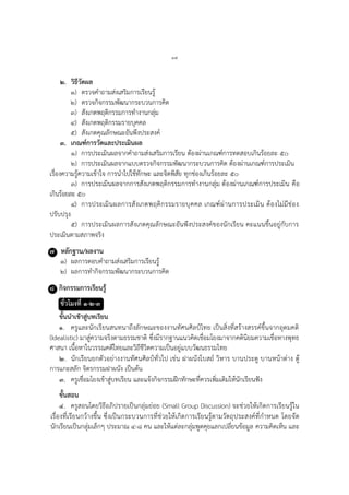 ๑๗
๒. วิธีวัดผล
๑) ตรวจคาถามส่งเสริมการเรียนรู้
๒) ตรวจกิจกรรมพัฒนากระบวนการคิด
๓) สังเกตพฤติกรรมการทางานกลุ่ม
๔) สังเกตพฤติกรรมรายบุคคล
๕) สังเกตคุณลักษณะอันพึงประสงค์
๓. เกณฑ์การวัดและประเมินผล
๑) การประเมินผลจากคาถามส่งเสริมการเรียน ต้องผ่านเกณฑ์การทดสอบเกินร้อยละ ๕๐
๒) การประเมินผลจากแบบตรวจกิจกรรมพัฒนากระบวนการคิด ต้องผ่านเกณฑ์การประเมิน
เรื่องความรู้ความเข้าใจ การนาไปใช้ทักษะ และจิตพิสัย ทุกช่องเกินร้อยละ ๕๐
๓) การประเมินผลจากการสังเกตพฤติกรรมการทางานกลุ่ม ต้องผ่านเกณฑ์การประเมิน คือ
เกินร้อยละ ๕๐
๔) การประเมินผลการสังเกตพฤติกรรมรายบุคคล เกณฑ์ผ่านการประเมิน ต้องไม่มีช่อง
ปรับปรุง
๕) การประเมินผลการสังเกตคุณลักษณะอันพึงประสงค์ของนักเรียน คะแนนขึ้นอยู่กับการ
ประเมินตามสภาพจริง
๗ หลักฐาน/ผลงาน
๑) ผลการตอบคาถามส่งเสริมการเรียนรู้
๒) ผลการทากิจกรรมพัฒนากระบวนการคิด
๘ กิจกรรมการเรียนรู้
ชั่วโมงที่ ๑-๒-๓
ขั้นนาเข้าสู่บทเรียน
๑. ครูและนักเรียนสนทนาถึงลักษณะของงานทัศนศิลป์ไทย เป็นสิ่งที่สร้างสรรค์ขึ้นจากอุดมคติ
(Idealistic) มาสู่ความจริงตามธรรมชาติ ซึ่งมีรากฐานแนวคิดเชื่อมโยงมาจากคตินิยมความเชื่อทางพุทธ
ศาสนา เนื้อหาในวรรณคดีไทยและวิถีชีวิตความเป็นอยู่แบบวัฒนธรรมไทย
๒. นักเรียนยกตัวอย่างงานทัศนศิลป์ทั่วไป เช่น ฝาผนังโบสถ์ วิหาร บานประตู บานหน้าต่าง ตู้
การแกะสลัก จิตรกรรมฝาผนัง เป็นต้น
๓. ครูเชื่อมโยงเข้าสู่บทเรียน และแจ้งกิจกรรมฝึกทักษะที่ควรเพิ่มเติมให้นักเรียนฟัง
ขั้นสอน
๔. ครูสอนโดยวิธีอภิปรายเป็นกลุ่มย่อย (Small Group Discussion) จะช่วยให้เกิดการเรียนรู้ใน
เรื่องที่เรียนกว้างขึ้น ซึ่งเป็นกระบวนการที่ช่วยให้เกิดการเรียนรู้ตามวัตถุประสงค์ที่กาหนด โดยจัด
นักเรียนเป็นกลุ่มเล็กๆ ประมาณ ๔-๘ คน และให้แต่ละกลุ่มพูดคุยแลกเปลี่ยนข้อมูล ความคิดเห็น และ
 