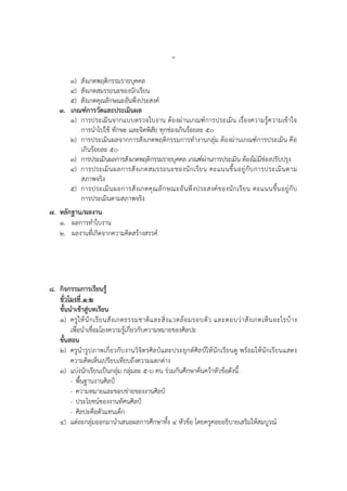 ๘
๓) สังเกตพฤติกรรมรายบุคคล
๔) สังเกตสมรรถนะของนักเรียน
๕) สังเกตคุณลักษณะอันพึงประสงค์
๓. เกณฑ์การวัดและประเมินผล
๑) การประเมินจากแบบตรวจใบงาน ต้องผ่านเกณฑ์การประเมิน เรื่องความรู้ความเข้าใจ
การนาไปใช้ ทักษะ และจิตพิสัย ทุกช่องเกินร้อยละ ๕๐
๒) การประเมินผลจากการสังเกตพฤติกรรมการทางานกลุ่ม ต้องผ่านเกณฑ์การประเมิน คือ
เกินร้อยละ ๕๐
๓) การประเมินผลการสังเกตพฤติกรรมรายบุคคล เกณฑ์ผ่านการประเมิน ต้องไม่มีช่องปรับปรุง
๔) การประเมินผลการสังเกตสมรรถนะของนักเรียน คะแนนขึ้นอยู่กับการประเมินตาม
สภาพจริง
๕) การประเมินผลการสังเกตคุณลักษณะอันพึงประสงค์ของนักเรียน คะแนนขึ้นอยู่กับ
การประเมินตามสภาพจริง
๗. หลักฐาน/ผลงาน
๑. ผลการทาใบงาน
๒. ผลงานที่เกิดจากความคิดสร้างสรรค์
๘. กิจกรรมการเรียนรู้
ชั่วโมงที่ ๑-๒
ขั้นนาเข้าสู่บทเรียน
๑) ครูให้นักเรียนสังเกตธรรมชาติและสิ่งแวดล้อมรอบตัว และตอบว่าสังเกตเห็นอะไรบ้าง
เพื่อนาเชื่อมโยงความรู้เกี่ยวกับความหมายของศิลปะ
ขั้นสอน
๒) ครูนารูปภาพเกี่ยวกับงานวิจิตรศิลป์และประยุกต์ศิลป์ให้นักเรียนดู พร้อมให้นักเรียนแสดง
ความคิดเห็นเปรียบเทียบถึงความแตกต่าง
๓) แบ่งนักเรียนเป็นกลุ่ม กลุ่มละ ๕-๖ คน ร่วมกันศึกษาค้นคว้าหัวข้อดังนี้
- พื้นฐานงานศิลป์
- ความหมายและขอบข่ายของงานศิลป์
- ประโยชน์ของงานทัศนศิลป์
- ศิลปะคือตัวแทนเด็ก
๔) แต่ละกลุ่มออกมานาเสนอผลการศึกษาทั้ง ๔ หัวข้อ โดยครูคอยอธิบายเสริมให้สมบูรณ์
 