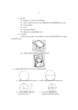 ๒๔
๑) อุปกรณ์
 ดินสอดา EE ๑ แท่ง เหลาปลายให้แหลม
 กระดาษวาดเส้น (Drawing) กระดาษปรู๊ฟหรือกระดาษหนังสือพิมพ์ A4 ๑ แผ่น
 กระดานรองเขียน
 ยางลบ
 กระดาษชาระหรือสาลี
 ภาพต้นฉบับ (ภาพถ่ายสีหรือขาว-ดา)
๒) การเตรียม
๒.๑ติดกระดาษวาดเส้น (กระดาษปรู๊ฟ) กับกระดานรองเขียนโดยใช้เทปกาว ติดมุม
กระดาษทั้ง ๔ ด้าน
๒.๒ เตรียมภาพต้นแบบที่จะใช้วาดให้ตั้งอยู่ด้านหน้า
๓๐. ครูและนักเรียนสาธิตการร่างภาพเบาๆ ตามขั้นตอนดังนี้
๑) เขียนวงกลมแทนส่วนที่เป็นหัวกะโหลก ๒) แบ่งครึ่งวงกลมเป็นสองส่วนคือส่วนบนและส่วนล่าง
๓) ลากเส้นแนวตั้งเพื่อกาหนดตาแหน่ง ๔) กาหนดนัยน์ตาอยู่ใต้เส้นแบ่งครึ่ง
กึ่งกลางใบหน้า ซ้าย-ขวา เขียนเป็นรูปวงรี เขียนคิ้วเป็นเส้นโค้ง
 