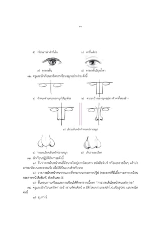 ๒๖
๕) เขียนแววตาดาชั้นใน ๖) ตาชั้นเดียว
๗) ตาสองชั้น ๘) ตาสองชั้นมีถุงน้าตา
๓๒. ครูและนักเรียนสาธิตการเขียนจมูกอย่างง่าย ดังนี้
๑) กาหนดตาแหน่งของจมูกให้ถูกต้อง ๒) ความกว้างของจมูกอยู่ตรงหัวตาทั้งสองข้าง
๓) เขียนเส้นหยักกาหนดปลายจมูก
๔) รายละเอียดเส้นหยักปลายจมูก ๕) เก็บรายละเอียด
๓๓. นักเรียนปฏิบัติกิจกรรมดังนี้
๑) ค้นหาภาพใบหน้าคนที่มีขนาดใหญ่จากนิตยสาร หนังสือพิมพ์ หรือเอกสารอื่นๆ แล้วนา
ภาพมาติดบนกระดาษแข็ง เพื่อใช้เป็นแบบสาหรับวาด
๒) วาดภาพใบหน้าคนจากแบบที่หามาบนกระดาษปรู๊ฟ (กระดาษที่มีเนื้อกระดาษเหมือน
กระดาษหนังสือพิมพ์) ด้วยดินสอ EE
๓) ขั้นตอนการเตรียมและการเขียนให้ศึกษาจากเนื้อหา “การวาดเส้นใบหน้าคนอย่างง่าย”
๓๔. ครูและนักเรียนสาธิตการสร้างงานทัศนศิลป์ ๓ มิติ โดยการแกะสลักโฟมเป็นรูปทรงเรขาคณิต
ดังนี้
๑) อุปกรณ์
 