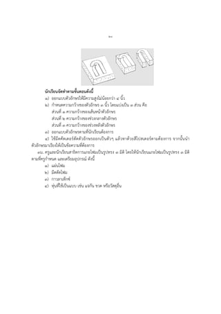 ๒๘
นักเรียนจัดทาตามขั้นตอนดังนี้
๑) ออกแบบตัวอักษรให้มีความสูงไม่น้อยกว่า ๔ นิ้ว
๒) กาหนดความกว้างของตัวอักษร ๓ นิ้ว โดยแบ่งเป็น ๓ ส่วน คือ
ส่วนที่ ๑ ความกว้างของเส้นหน้าตัวอักษร
ส่วนที่ ๒ ความกว้างของช่วงกลางตัวอักษร
ส่วนที่ ๓ ความกว้างของช่วงหลังตัวอักษร
๓) ออกแบบตัวอักษรตามที่นักเรียนต้องการ
๔) ใช้มีดคัตเตอร์ตัดตัวอักษรออกเป็นตัวๆ แล้วทาด้วยสีโปสเตอร์ตามต้องการ จากนั้นนา
ตัวอักษรมาเรียงให้เป็นข้อความที่ต้องการ
๓๖. ครูและนักเรียนสาธิตการแกะโฟมเป็นรูปทรง ๓ มิติ โดยให้นักเรียนแกะโฟมเป็นรูปทรง ๓ มิติ
ตามที่ครูกาหนด และเตรียมอุปกรณ์ ดังนี้
๑) แผ่นโฟม
๒) มีดตัดโฟม
๓) กาวลาเท็กซ์
๔) หุ่นที่ใช้เป็นแบบ เช่น แจกัน ขวด หรือวัสดุอื่น
 