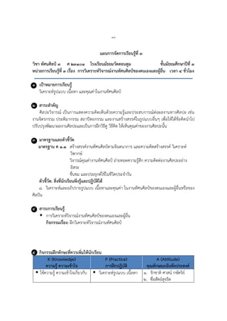 ๓๓
แผนการจัดการเรียนรู้ที่ ๓
วิชา ทัศนศิลป์ ๓ ศ ๒๓๑๐๑ โรงเรียนมัธยมวัดดอนตูม ชั้นมัธยมศึกษาปีที่ ๓
หน่วยการเรียนรู้ที่ ๓ เรื่อง การวิเคราะห์วิจารณ์งานทัศนศิลป์ของตนเองและผู้อื่น เวลา ๔ ชั่วโมง
๑ เป้าหมายการเรียนรู้
วิเคราะห์รูปแบบ เนื้อหา และคุณค่าในงานทัศนศิลป์
๒ สาระสาคัญ
ศิลปะวิจารณ์ เป็นการแสดงความคิดเห็นด้วยความรู้และประสบการณ์ต่อผลงานทางศิลปะ เช่น
งานจิตรกรรม ประติมากรรม สถาปัตยกรรม และงานสร้างสรรค์ในรูปแบบอื่นๆ เพื่อให้ได้ข้อคิดนาไป
ปรับปรุงพัฒนาผลงานศิลปะและเป็นการฝึกวิธีดู วิธีคิด ให้เห็นคุณค่าของงานศิลปะนั้น
๓ มาตรฐานและตัวชี้วัด
มาตรฐาน ศ ๑.๑ สร้างสรรค์งานทัศนศิลป์ตามจินตนาการ และความคิดสร้างสรรค์ วิเคราะห์
วิพากษ์
วิจารณ์คุณค่างานทัศนศิลป์ ถ่ายทอดความรู้สึก ความคิดต่องานศิลปะอย่าง
อิสระ
ชื่นชม และประยุกต์ใช้ในชีวิตประจาวัน
ตัวชี้วัด: สิ่งที่นักเรียนพึงรู้และปฏิบัติได้
๘. วิเคราะห์และอภิปรายรูปแบบ เนื้อหาและคุณค่า ในงานทัศนศิลป์ของตนเองและผู้อื่นหรือของ
ศิลปิน
๔ สาระการเรียนรู้
 การวิเคราะห์วิจารณ์งานทัศนศิลป์ของตนเองและผู้อื่น
กิจกรรมเรื่อง: ฝึกวิเคราะห์วิจารณ์งานทัศนศิลป์
๕ กิจกรรมฝึกทักษะที่ควรเพิ่มให้นักเรียน
K (Knowledge)
ความรู้ ความเข้าใจ
P (Practice)
การฝึกปฏิบัติ
A (Attitude)
คุณลักษณะอันพึงประสงค์
 ใช้ความรู้ ความเข้าใจเกี่ยวกับ  วิเคราะห์รูปแบบ เนื้อหา ๑. รักชาติ ศาสน์ กษัตริย์
๒. ซื่อสัตย์สุจริต
 