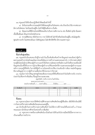 ๓๙
๑๑.ครูแนะนาให้นักเรียนปฏิบัติหน้าที่พลเมืองดี ดังนี้
๑) มีจริยธรรมที่ควรประพฤติทาให้สังคมอยู่ด้วยกันโดยสงบ เช่น มีระเบียบวินัย ตรงต่อเวลา
มีความรับผิดชอบ ไม่เบียดเบียนผู้อื่น ไม่ทาให้ผู้อื่นเสียหาย เป็นต้น
๒) มีคุณธรรมที่ดีมีประโยชน์ที่สังคมเห็นว่าเป็นความดีความงาม เช่น ซื่อสัตย์ สุจริต มีเมตตา
เอื้อเฟื้อเผื่อแผ่ เห็นแก่ประโยชน์ส่วนรวม
๓) ความมีศีลธรรม หรือรักษากาย วาจา ใจให้ปกติ ไม่ทาชั่วหรือเบียดเบียนผู้อื่น เช่นไม่พูดเท็จ
พูดแต่ความจริง ไม่เสพของมึนเมา มีสติอยู่เสมอ ไม่ฆ่าสัตว์ตัดชีวิต มีความเมตตากรุณา
ชั่วโมงที่ ๓-๔
ขั้นนาเข้าสู่บทเรียน
๑๒. ครูและนักเรียนสนทนาถึงผู้วิจารณ์ว่าในเบื้องต้นต้องค้นคว้าหาข้อมูลอย่างละเอียดว่าผู้สร้าง
ผลงานเคยสร้างงานในลักษณะใดมาก่อนหรือมีแนวการสร้างงานเฉพาะตนอย่างไร การวิจารณ์งานศิลป์
ของผู้อื่นโดยไม่รู้ประวัติของผู้สร้างงานจะทาให้เกิดความผิดพลาดหรือมีความเข้าใจที่คลาดเคลื่อนได้
ข้อมูลต่อเนื่องที่ได้รับจากการรู้ประวัติของผู้สร้างงานก็คือเทคนิควิธีการเฉพาะตนของผู้สร้างงานและ
หลักการทฤษฎีที่ยึดถือ ในกรณีที่ผู้สร้างงานไม่เคยมีประวัติมาก่อนต้องมีการสัมภาษณ์หรือพูดคุย
ซักถามข้อมูลต่างๆ จากผู้สร้างงานเพื่อนามาใช้ประกอบการวิจารณ์
๑๓. ครูเน้นการนาปรัชญาเศรษฐกิจพอเพียงมาประยุกต์ใช้ในชีวิตประจาวันบันทึกรายรับ-รายจ่าย
ประจาวัน/สัปดาห์ หรือเดือน ขึ้นอยู่กับความเหมาะสม
สมุดบันทึก รายรับ-รายจ่าย ในครัวเรือน
ของนาย/นาง/นางสาว.......................................................
ประจาภาคเรียนที่.../........ระหว่างเดือน..................ถึงเดือน................พ.ศ. ...........
วัน เดือน ปี รายการ รายรับ รายจ่าย คงเหลือ
ขั้นสอน
๑๔. ครูทบทวนโดยการฉายวีดิทัศน์กรณีศึกษาผลงานทัศนศิลป์ของผู้มีชื่อเสียง เพื่อให้นักเรียนได้มี
การวิเคราะห์วิจารณ์งานทัศนศิลป์ของตนเองและผู้อื่น
๑๕. นักเรียนฝึกวิเคราะห์วิจารณ์งานทัศนศิลป์ โดยใช้ตารางที่กาหนดให้ในหน่วยที่ ๓ กาหนด
คะแนนเอง (นักเรียนอาจศึกษาในหน่วยที่ ๕ เพิ่มเติม)
๑) ครูควรหาภาพหรืองานทัศนศิลป์มาเป็นตัวอย่างให้ร่วมกันวิจารณ์โดยใช้เนื้อหาจากตาราง
เป็นเกณฑ์ในการอภิปราย
 