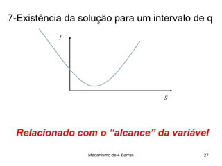 Mecanismo de 4 Barras
7-Existência da solução para um intervalo de q
Relacionado com o “alcance” da variável
27
S
f
 