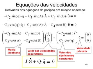 Mecanismo de 4 Barras
Matriz
jacobiana
Vetor das velocidades
secundárias
Vetor dos
coeficientes
constantes
Velocidade
primária
Equações das velocidades
Derivadas das equações de posição em relação ao tempo
40
 